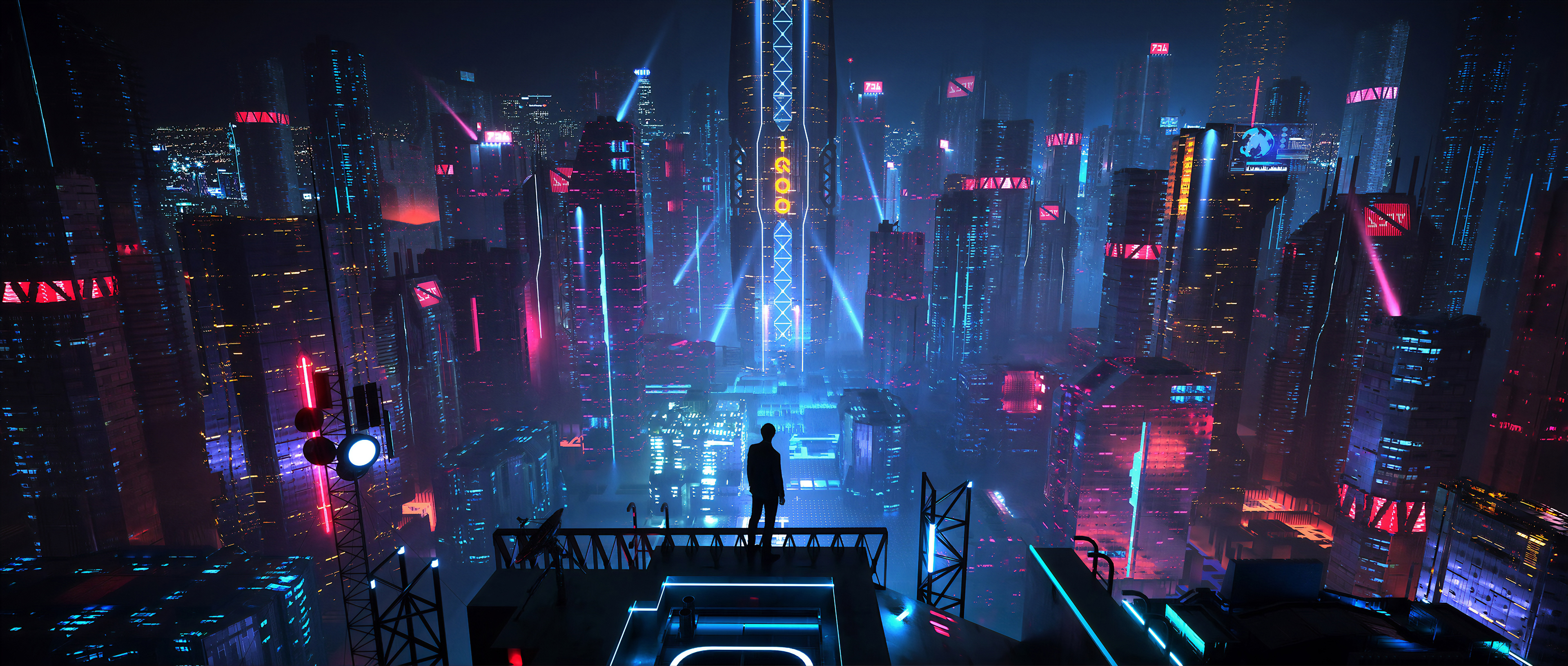Digital Art Men City Futuristic Night Neon Science Fiction Futuristic City Cyberpunk Xuteng Pan Envi 3840x1633