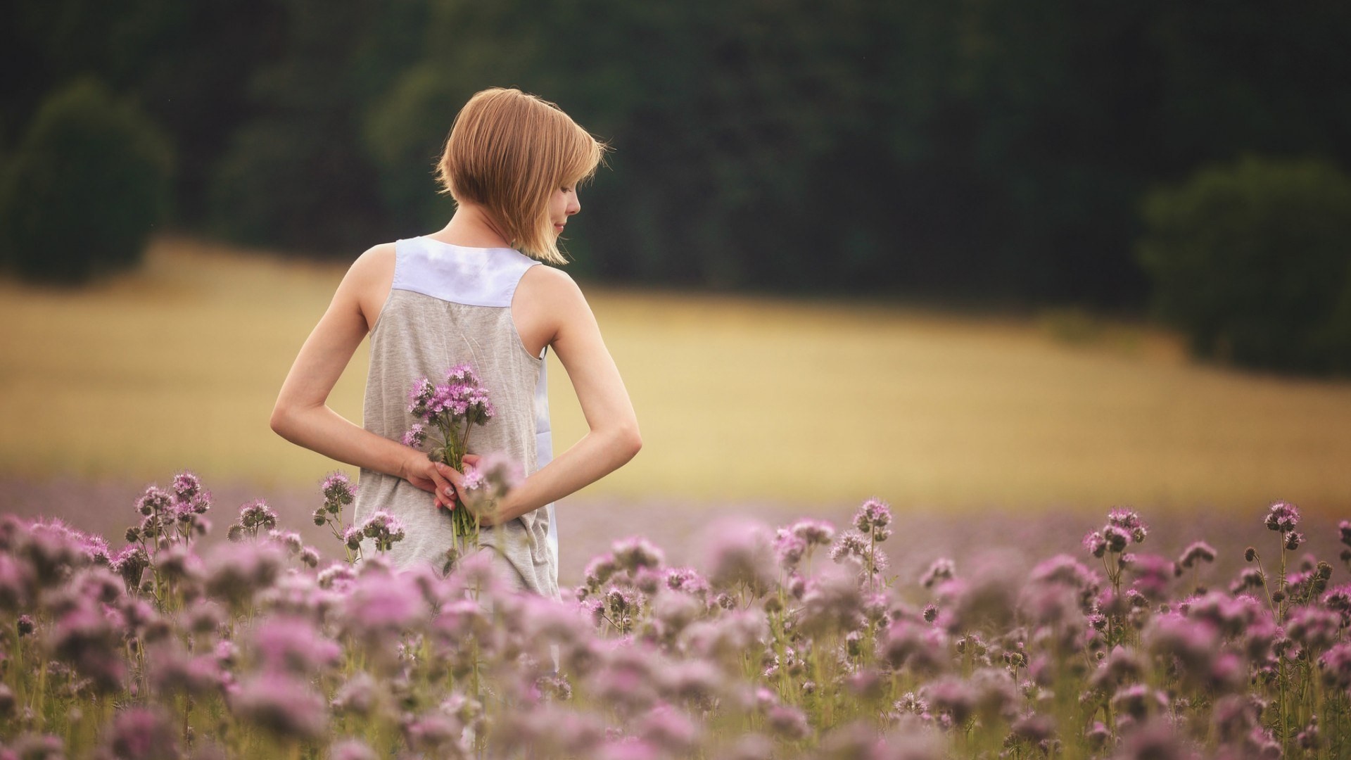 Women Model Blonde Women Outdoors Nature Field Short Hair Rear View Closed Eyes White Dress Bare Sho 1920x1080