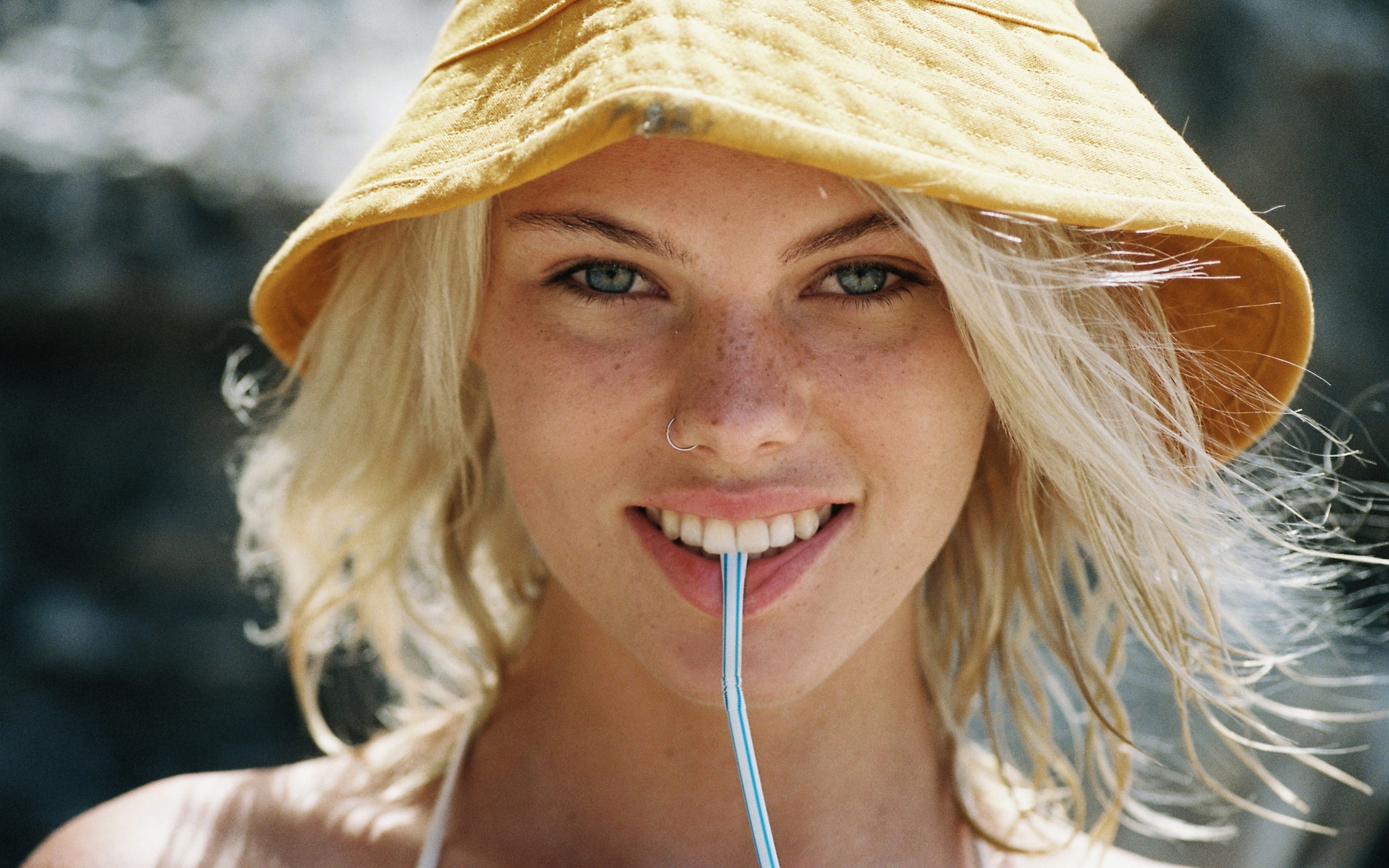 Women Face Blonde Women With Hats Summer Shoulder Length Hair Nose Ring Freckles Drinking Straw Open 3360x2100