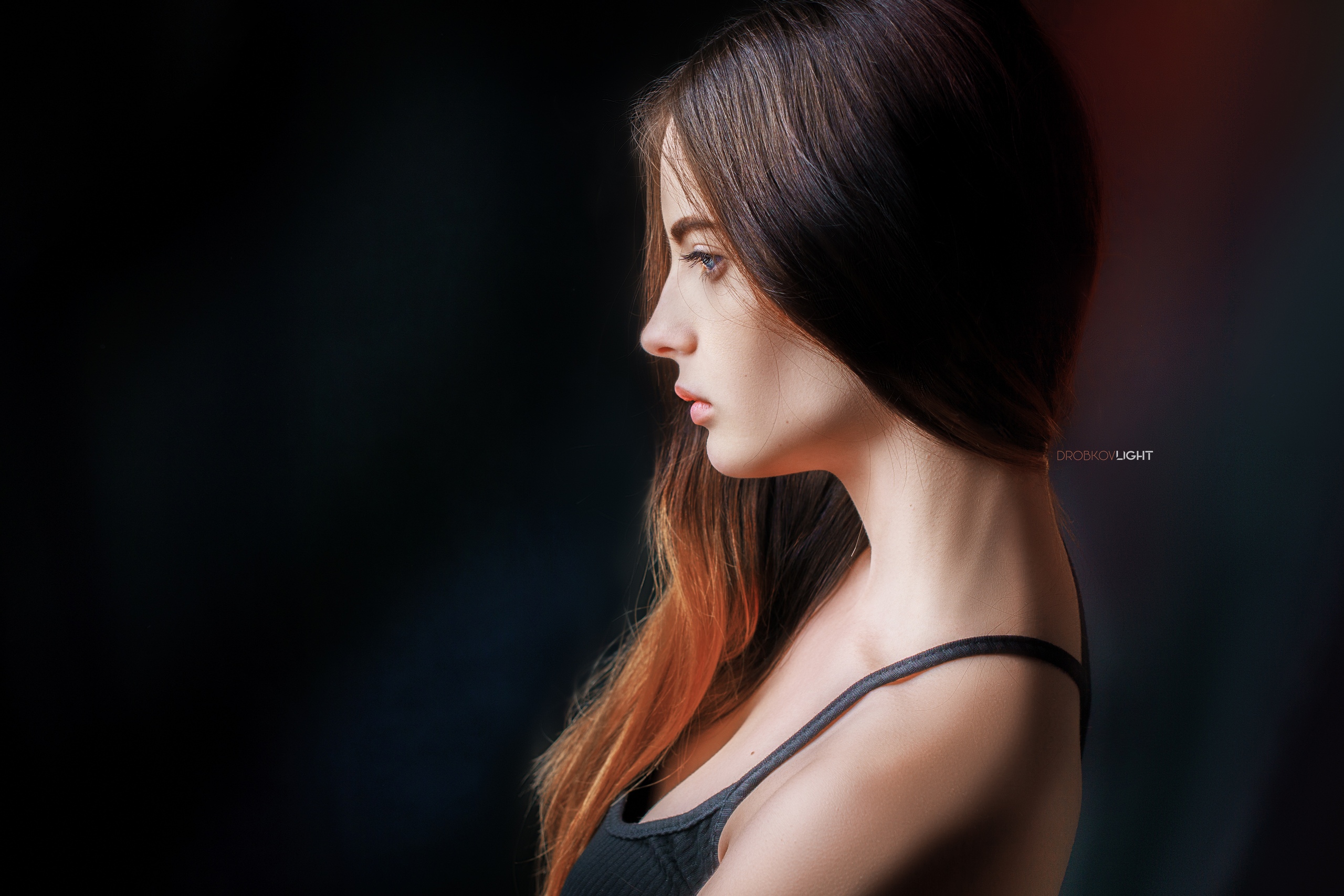 Eva Lapenko Women Model Brunette Long Hair Profile Portrait Indoors Tank Top Depth Of Field Dark Bac 2560x1707