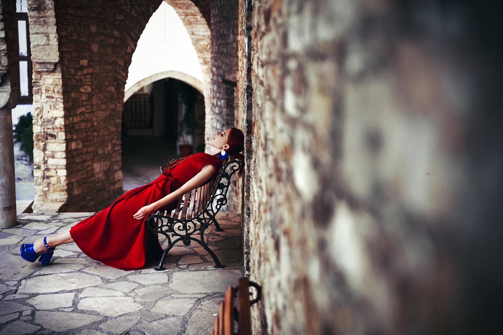 Model Women Bench Dress Red Dress Ruslan Bolgov Closed Eyes 2000x1333