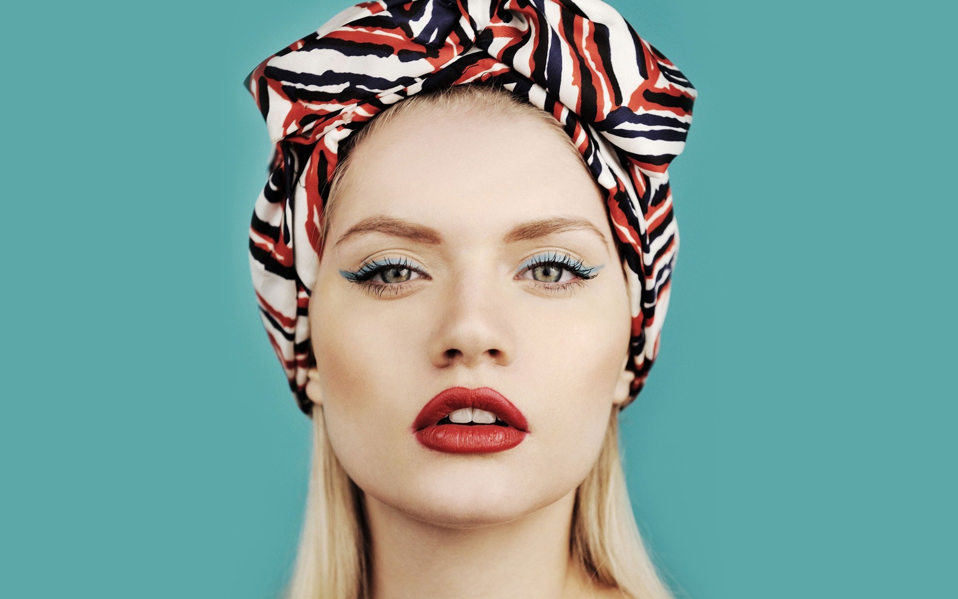 Women Martina Dimitrova Blonde Face Green Eyes Red Lipstick Bandanas Blue Background Eyeshadow Portr 1920x1200