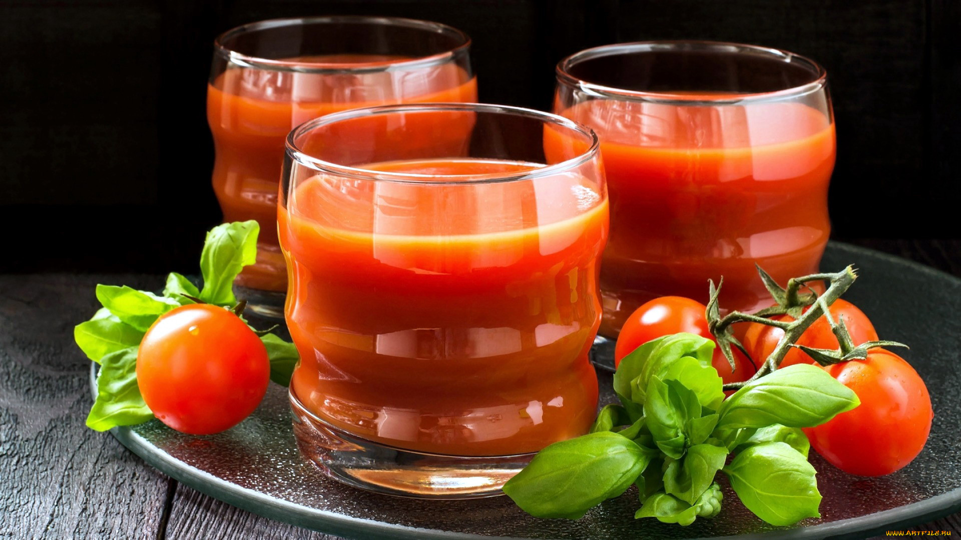 Tomatoes Food Drinking Glass Basil Wooden Surface Glass 1920x1080