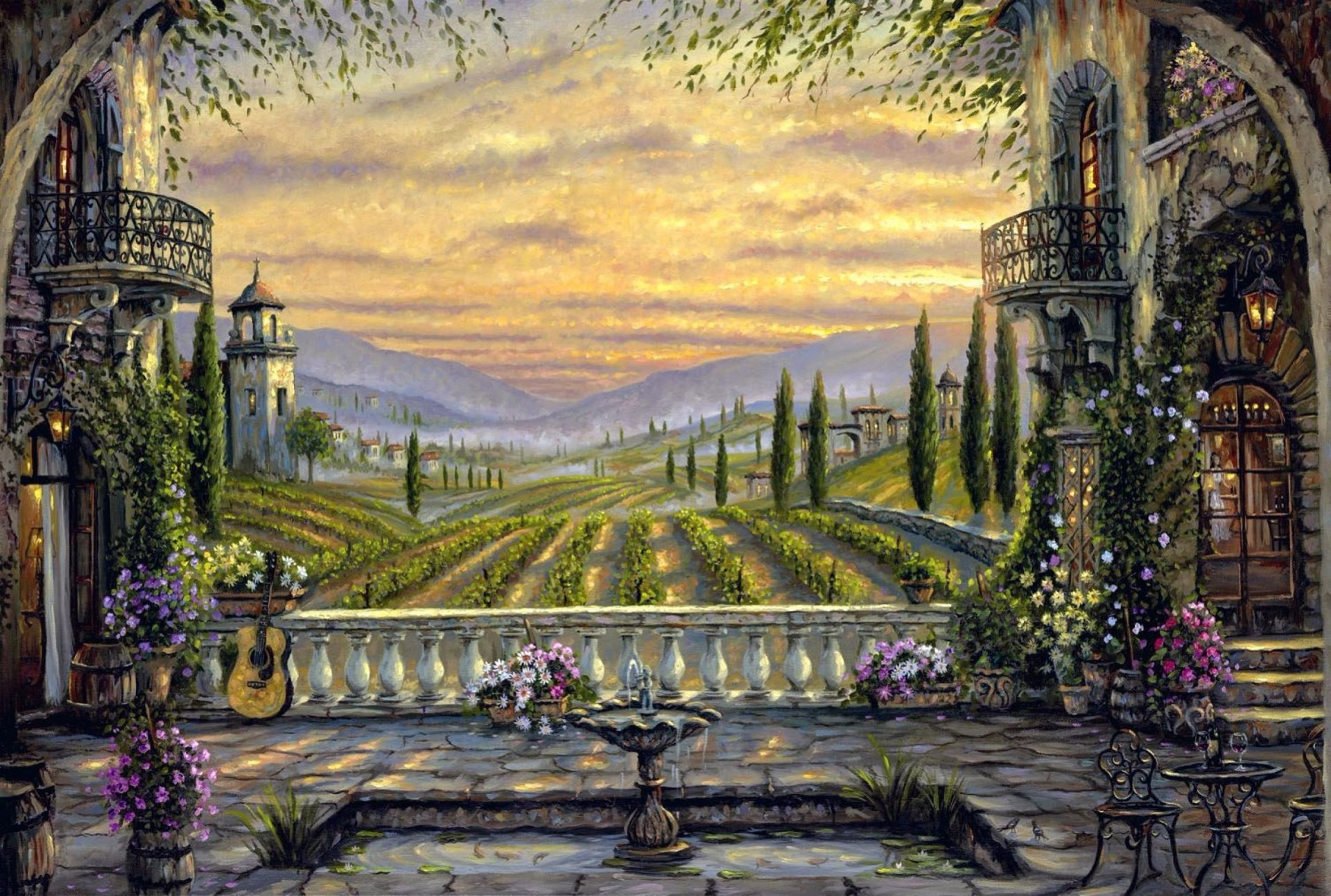 Painting Terrace Tuscany Tree Landscape 1920x1293