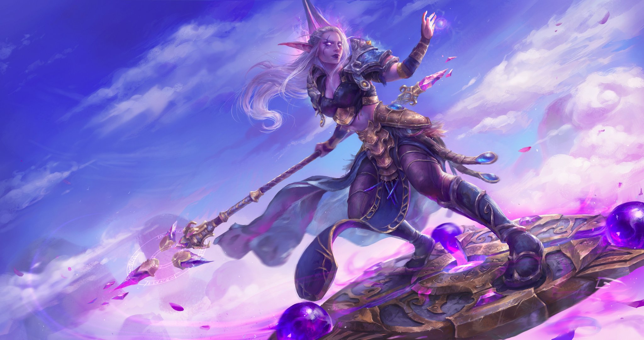 World Of Warcraft Night Elves Sorcerer White Hair World Of Warcraft Legion Staff Magician 2048x1084