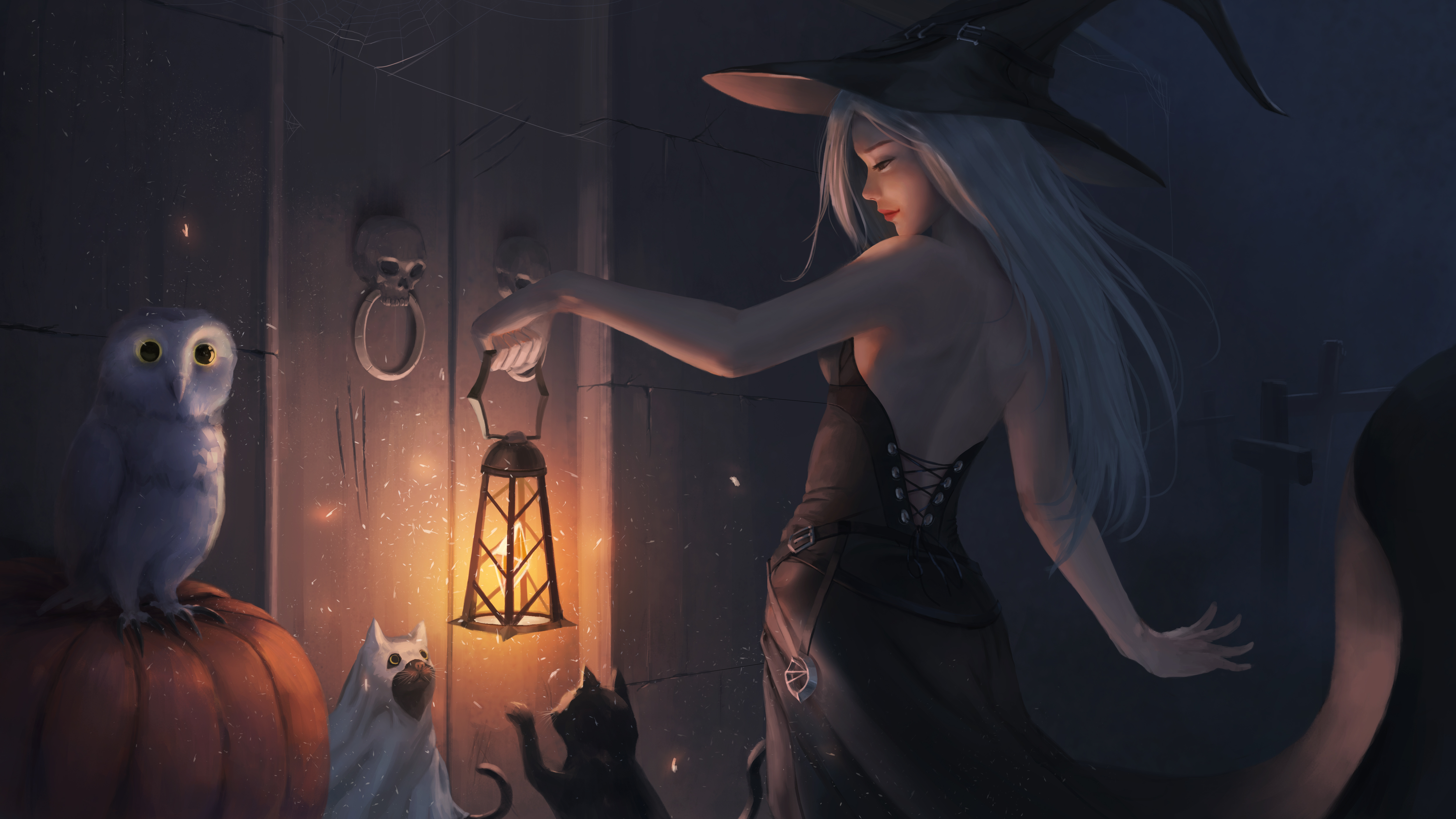 Women Fantasy Girl Witch Witch Hat Women With Hats Fantasy Art Environment White Hair Long Hair Dres 5000x2812