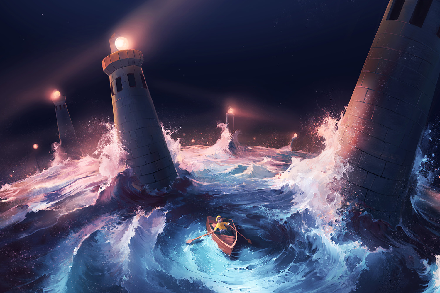 Storm Lighthouse Night Dark Waves Water Boat Children Stars AquaSixio 1500x1000