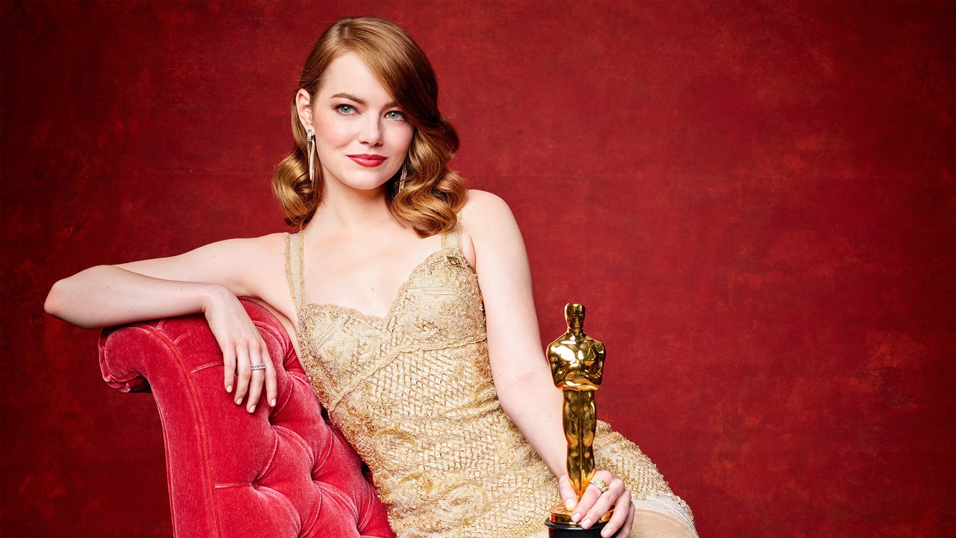 Women Celebrity Emma Stone Oscars Red Redhead Gold Red Background Actress Red Lipstick Red Chair Rin 1920x1080