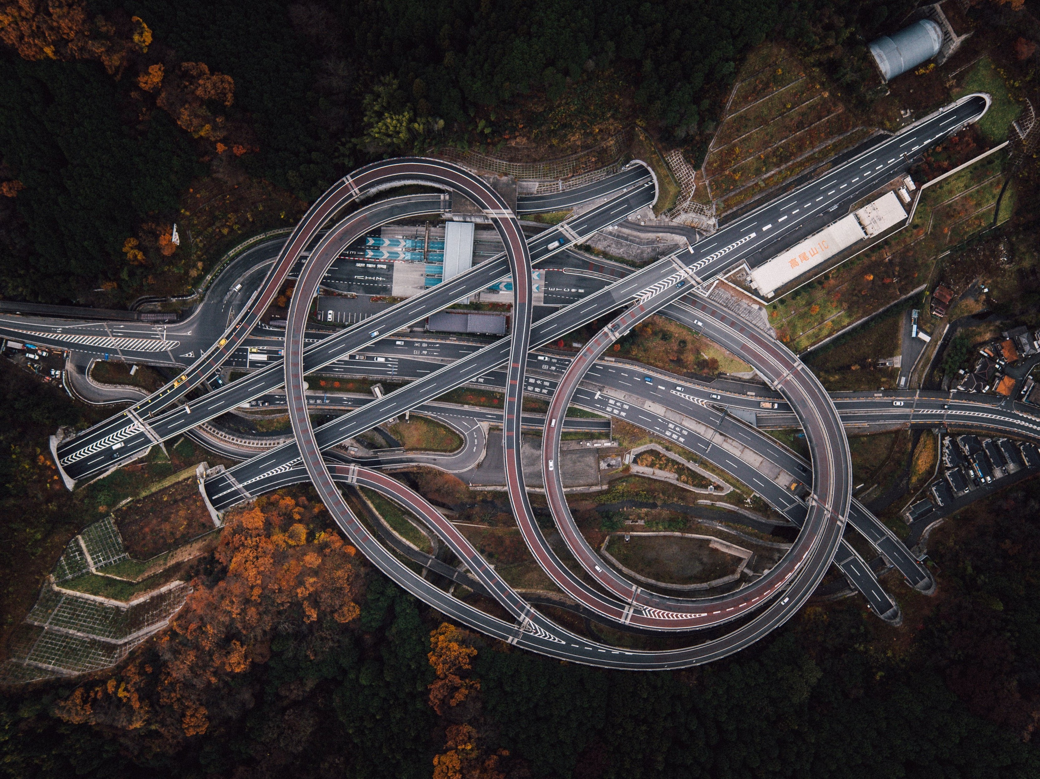 Aerial View Trees Highway Road Fall Forest Crossroads Japan Tunnel Car Drone Photo Birds Eye View 3335x2500