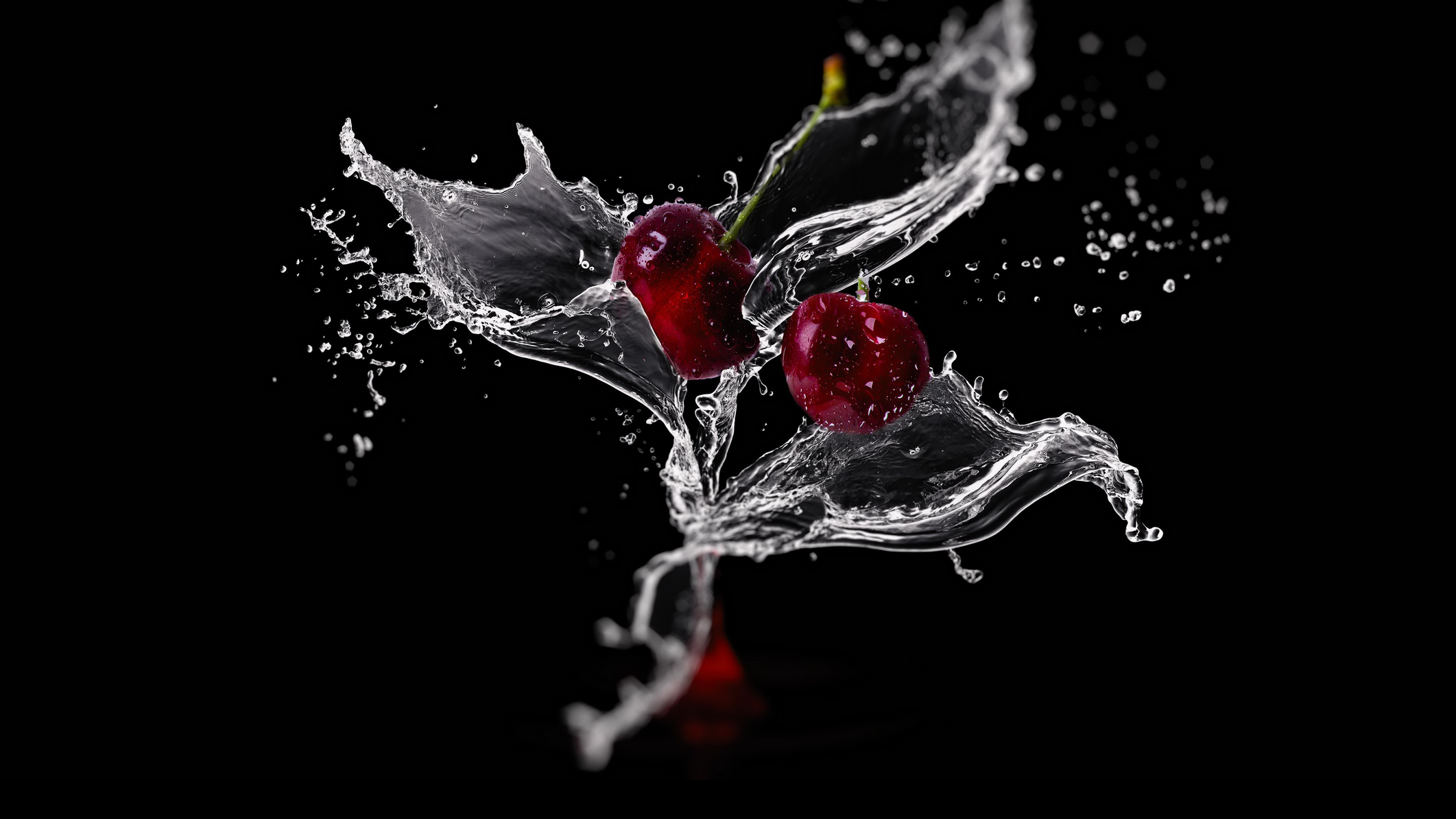 Cherries Black Background Water Splash 2123x1194