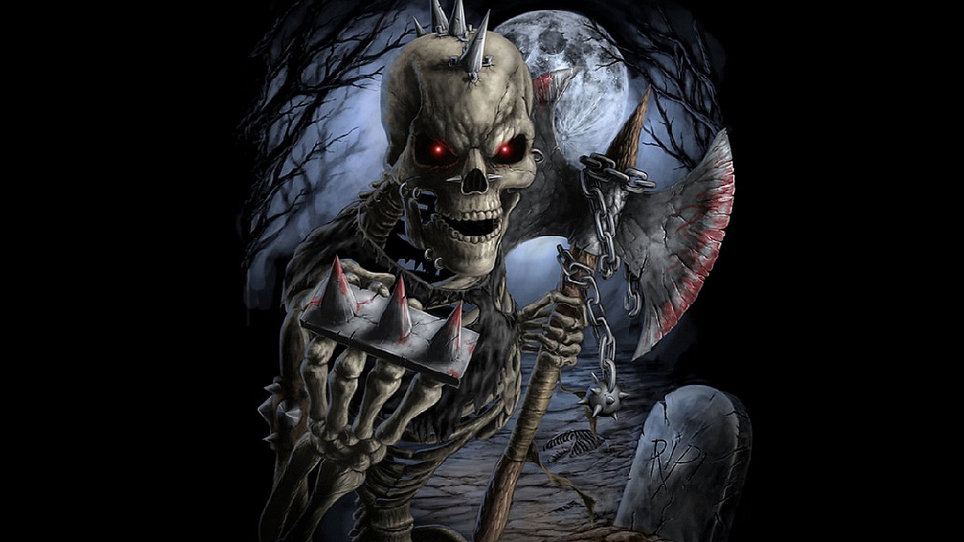 Skeleton Warrior Tombstone Axe Moon 1920x1080