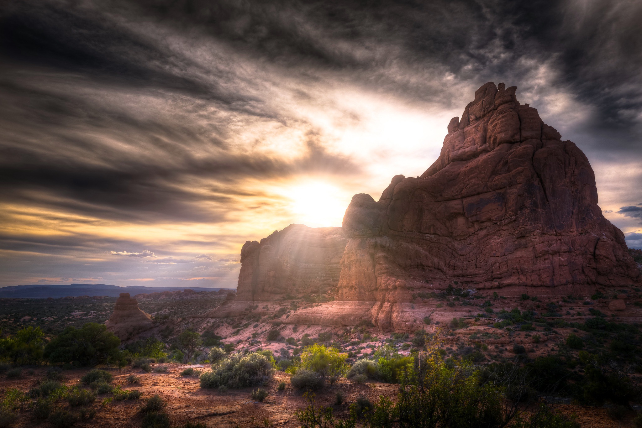 Colorado USA Arches National Park Nature Landscape Rock Rock Formation Shrubbery Sunlight Clouds 2048x1366