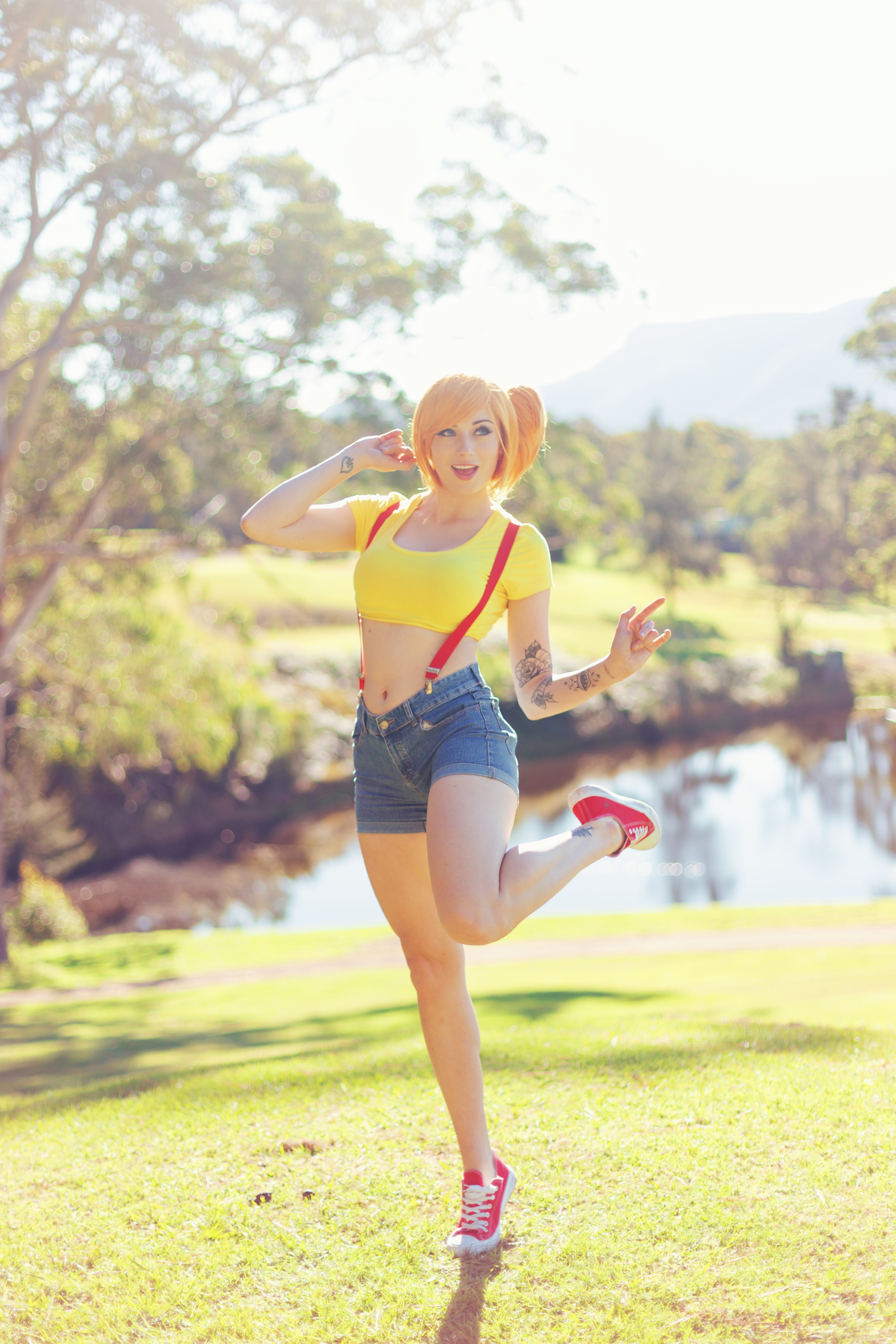 Women Cosplay Misty Pokemon Model Tattoo Inked Girls Redhead Suspenders Converse Open Mouth Short To 3470x5205