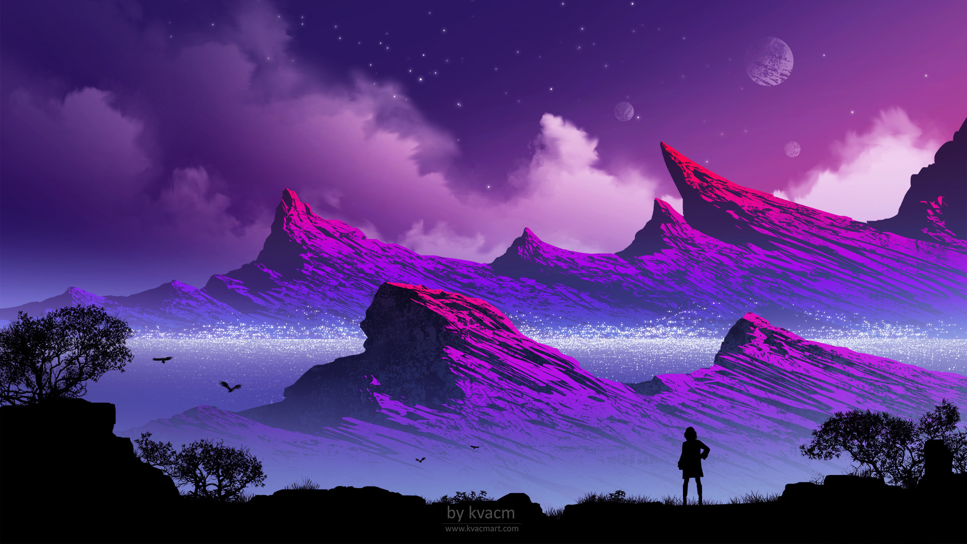 Illustration Kvacm Fantasy Art Mountains Purple Background 1920x1080