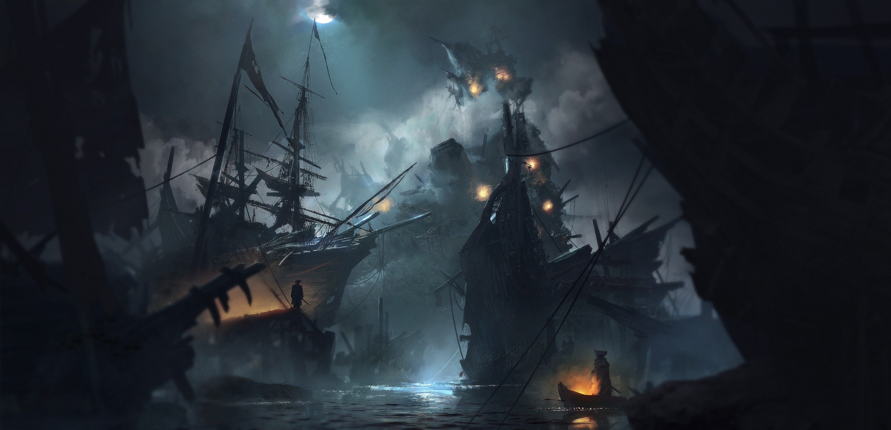 Pirate Ship Moon Clouds Artwork Concept Art Water Water Ripples Shipwreck Pirates Rocks Night 3000x1449