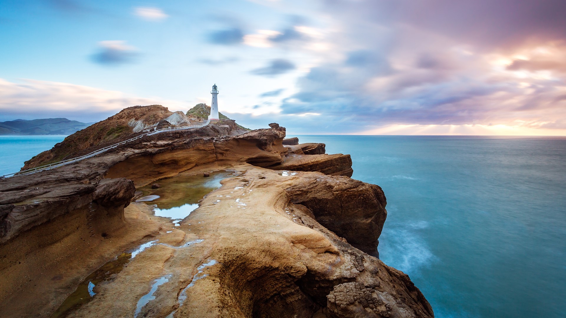 Nature Landscape Rocks Water Mountains Sea Clouds Sky Long Exposure Horizon Lighthouse Architecture  1920x1080