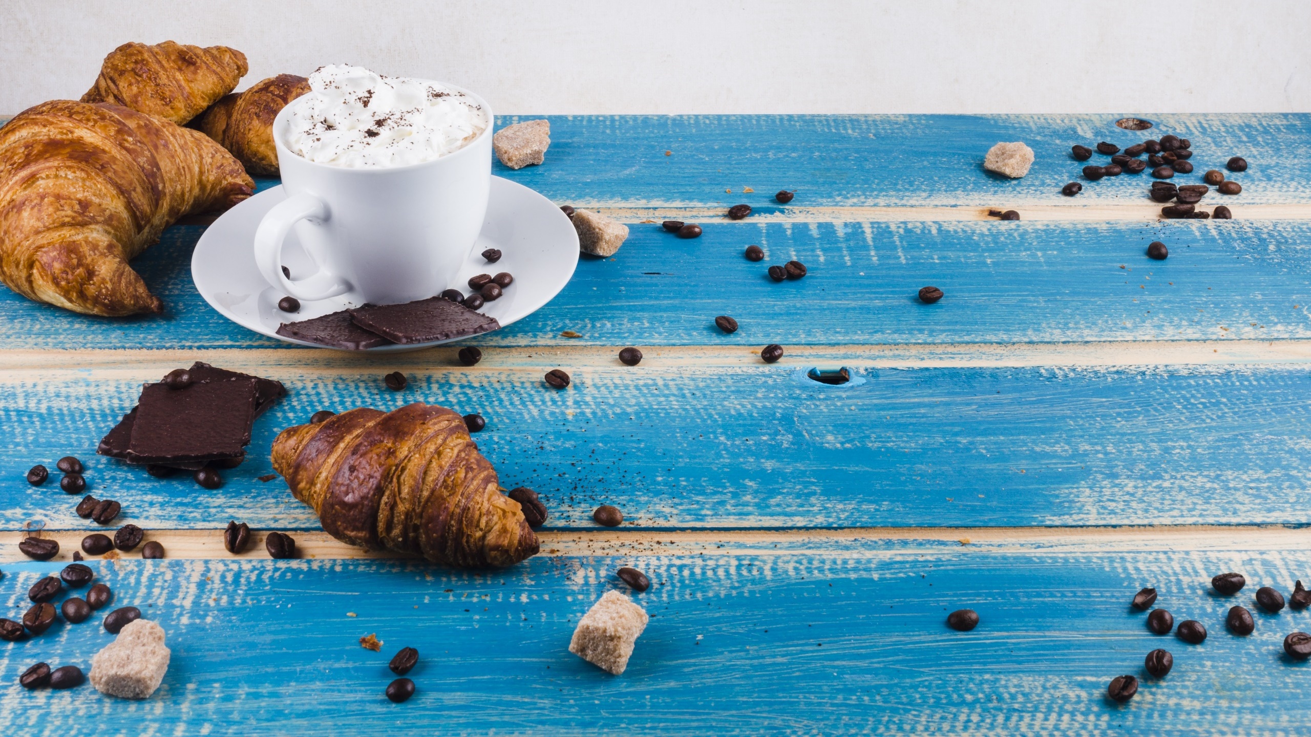 Croissants Cup Sweets Chocolate Food Blue Coffee Beans 2560x1440