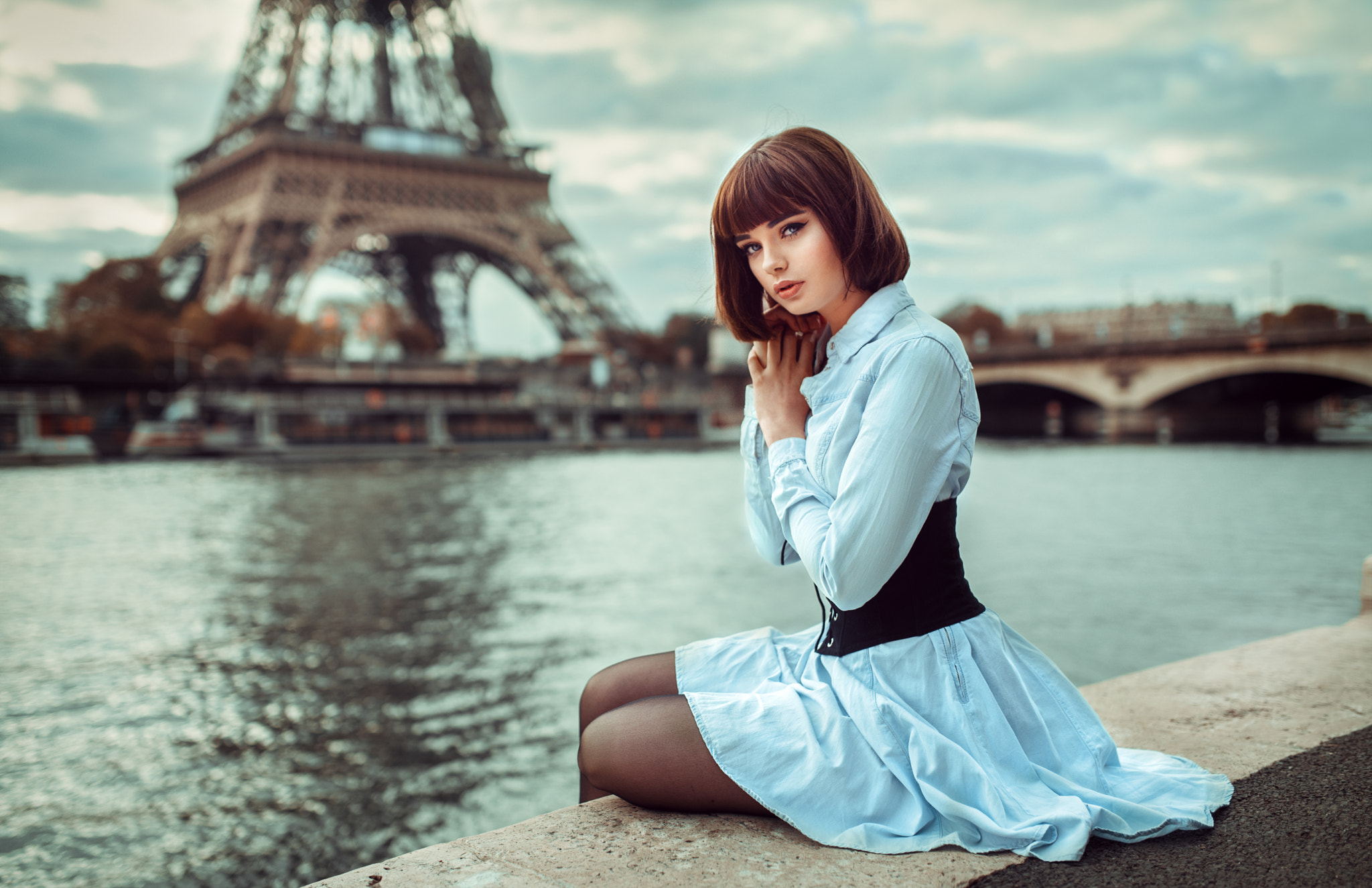 Women Portrait Lods Franck Brunette Open Mouth Blue Dress Sitting Paris Eiffel Tower Seine Looking A 2048x1325