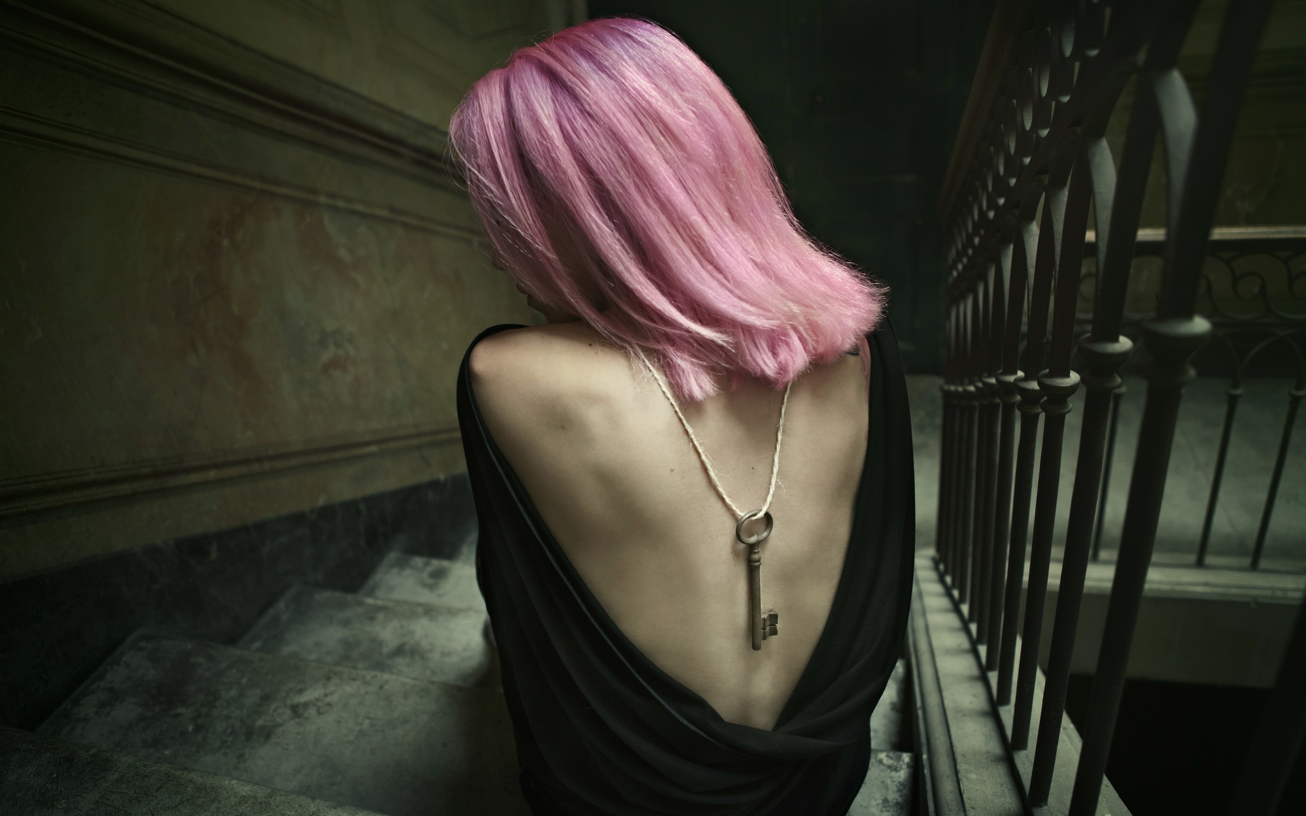 Women Stairs Pink Hair Backless Keys Dyed Hair 2560x1600