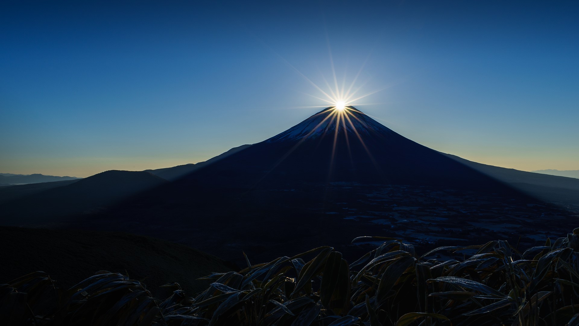 Nature Landscape Sky Mountains Snowy Peak Plants Mist Sun Sun Rays Clear Sky Sunrise Mount Fuji Yama 1920x1080