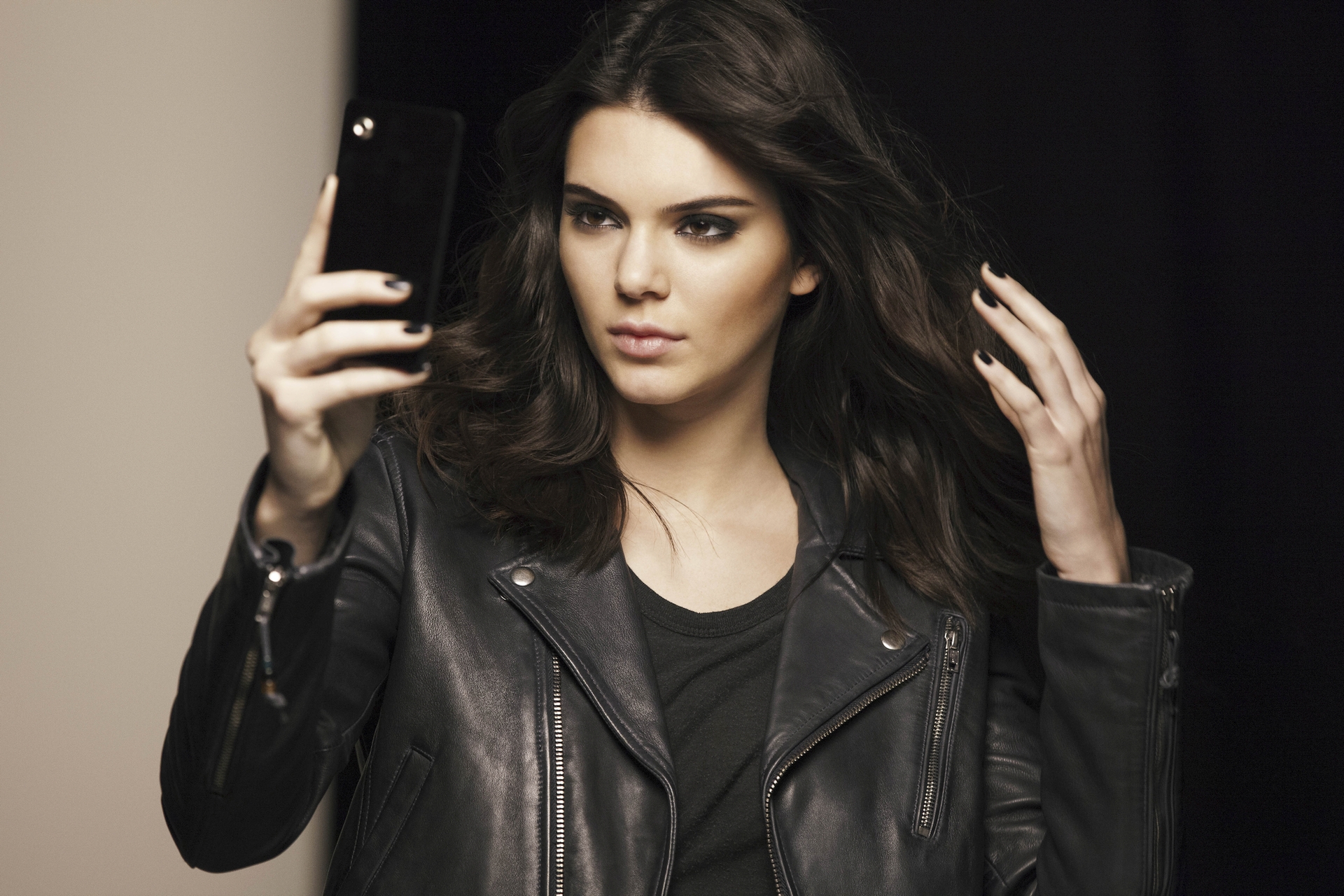 Kendall Jenner Women Model Brunette Dark Hair Leather Jackets Black Clothing Long Hair Black Tops Bl 1920x1280