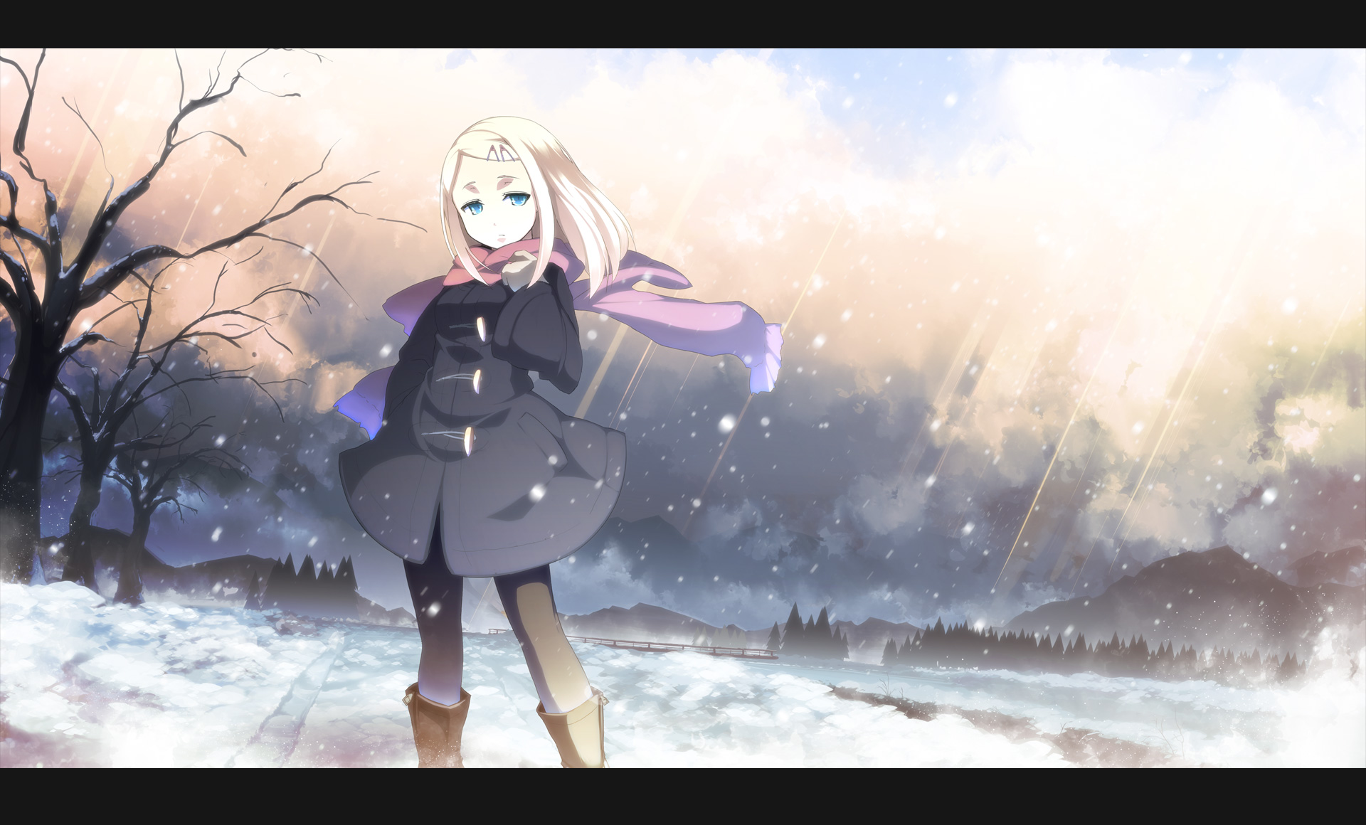 Asakura Masatoki Original Characters Anime Girls Nature Trees Blonde Scarf Long Hair Boots River Sno 1920x1160