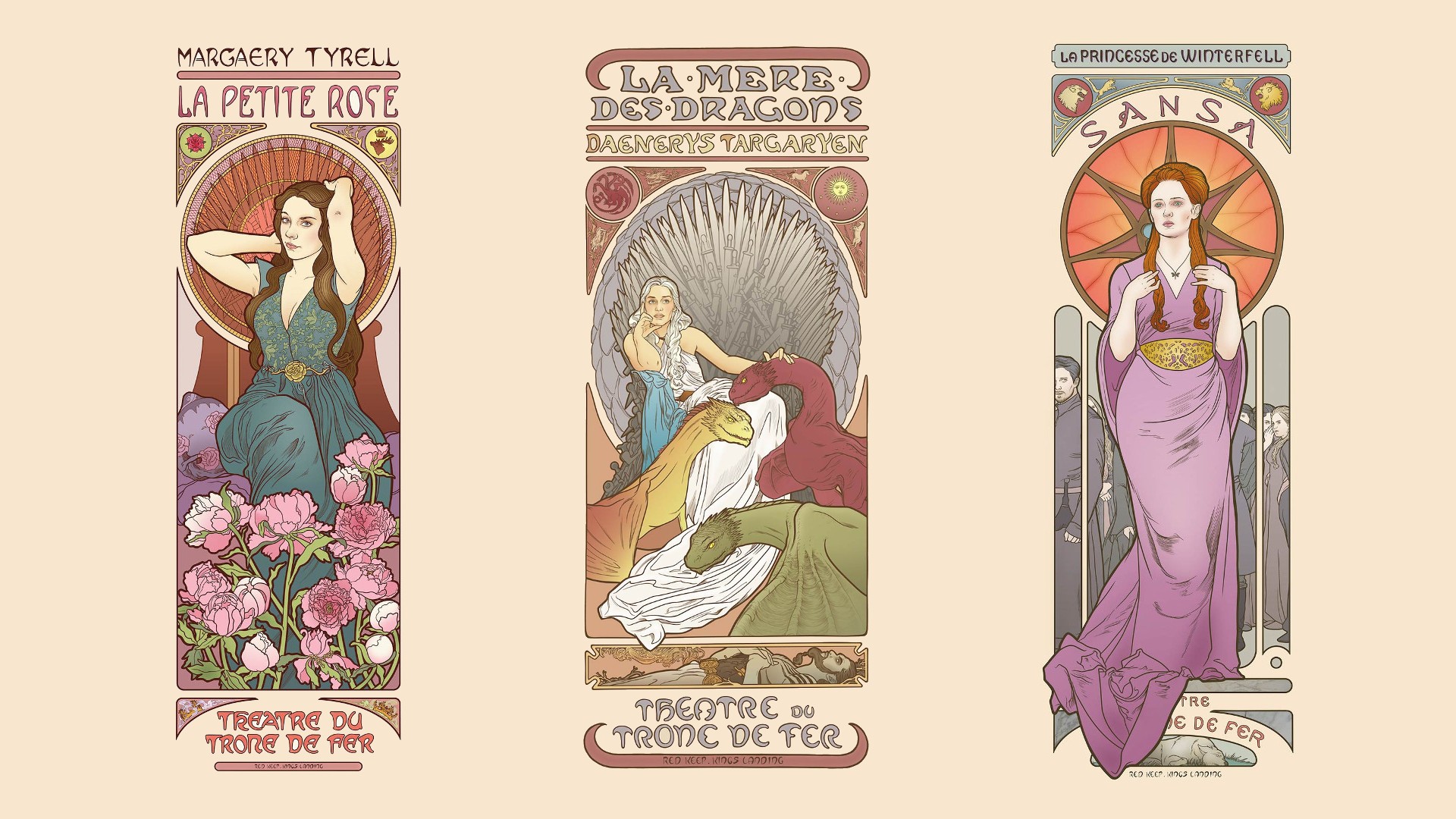 Game Of Thrones Art Nouveau Sansa Stark Margaery Tyrell Daenerys Targaryen Fantasy Girl Collage 1920x1080