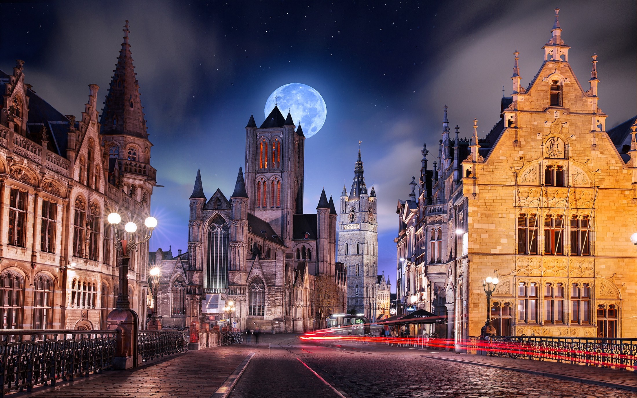 Belgium Cobblestone Street Light Moon Architecture Starry Night Urban Europe Gothic Architecture Nig 2200x1375