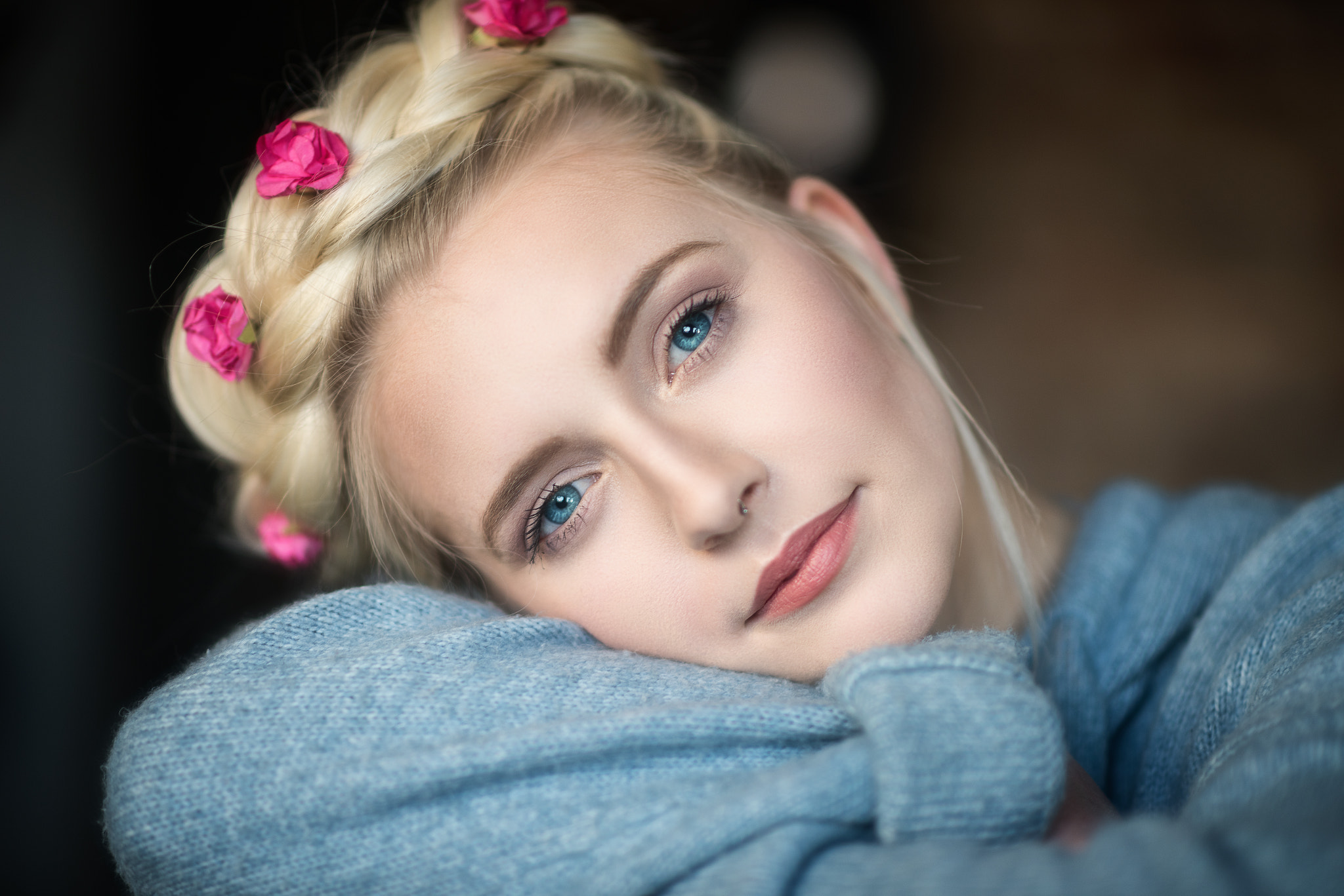 Women Blonde Flowers Face Portrait Blue Eyes Mark Prinz 2048x1367