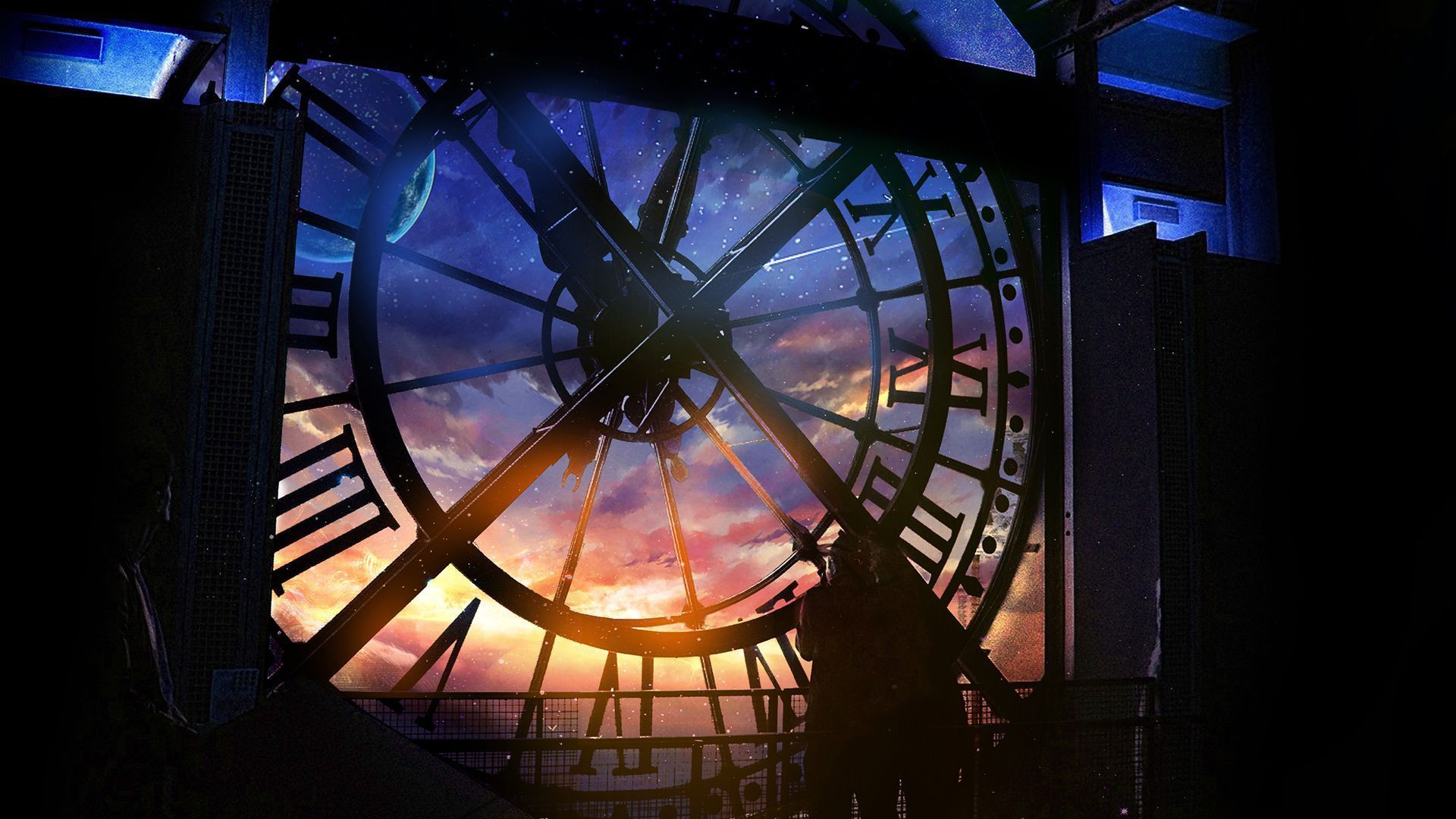 Artwork Fantasy Art Concept Art Clocks Tower Time Clock Tower Planet Stars People Sky 1920x1080
