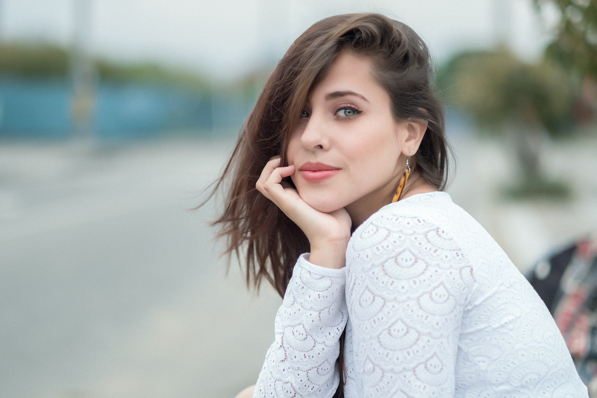 Women Esteban Montoya Face Portrait Depth Of Field Looking At Viewer Brunette Hair In Face Smiling 2048x1366