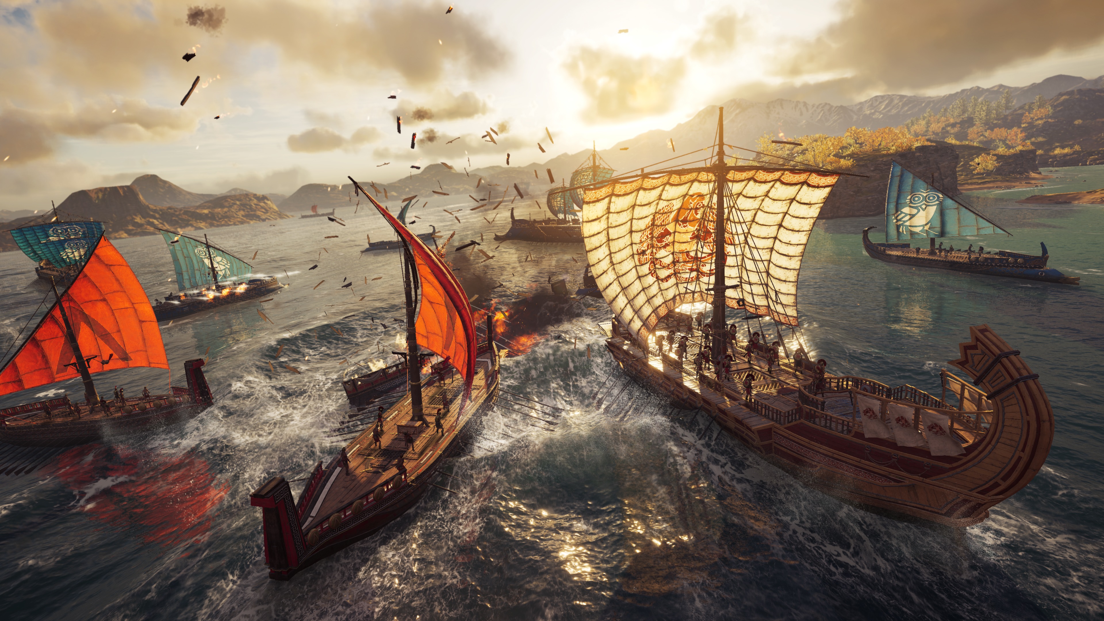Assassins Creed Assassins Creed Odyssey Assassins Creed Odyssey Warship Clouds Sky Sunset Aegean Sea 3840x2160