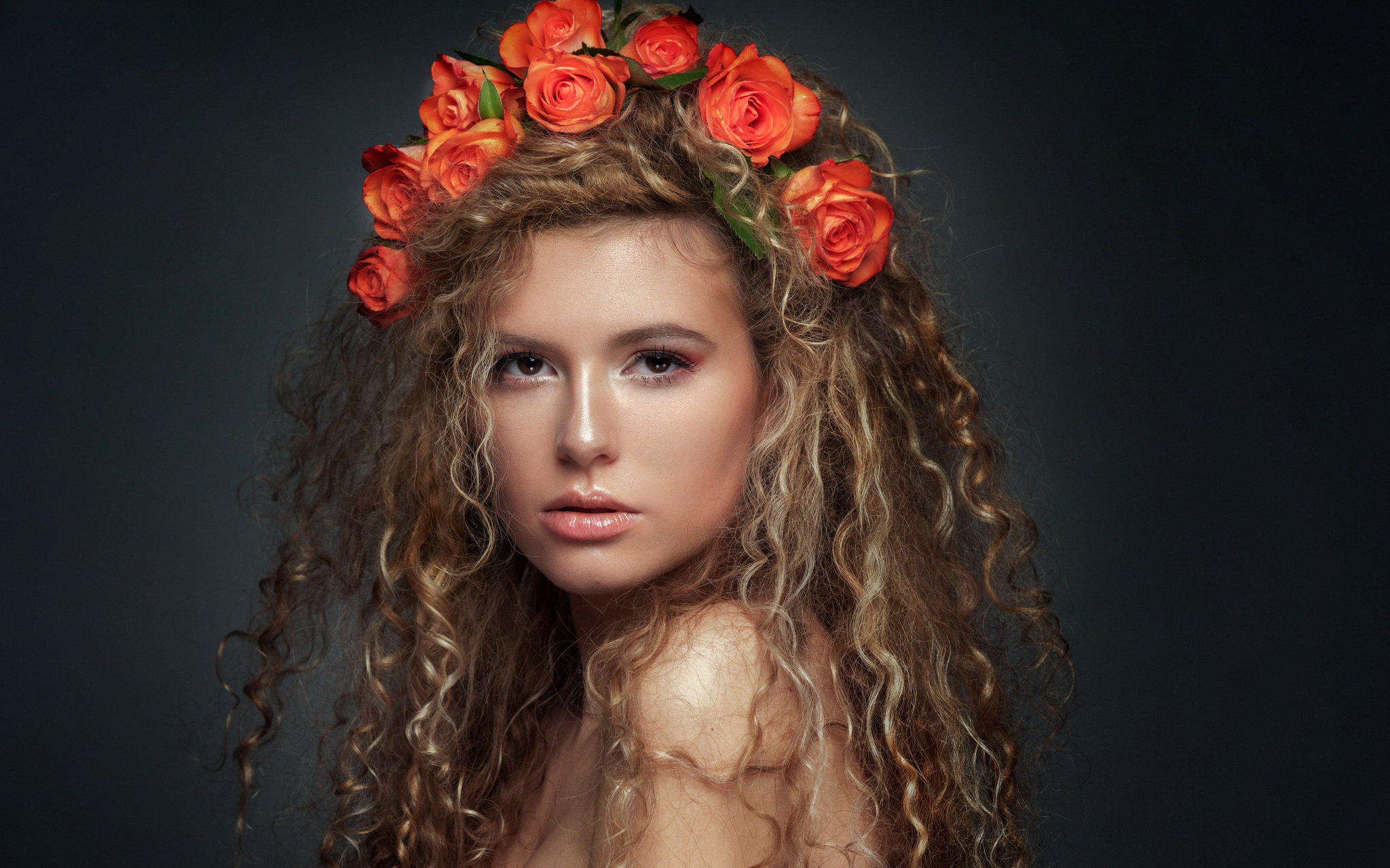 Simple Background Curly Hair Long Hair Flower In Hair Face Women Portrait Wallpaper Resolution