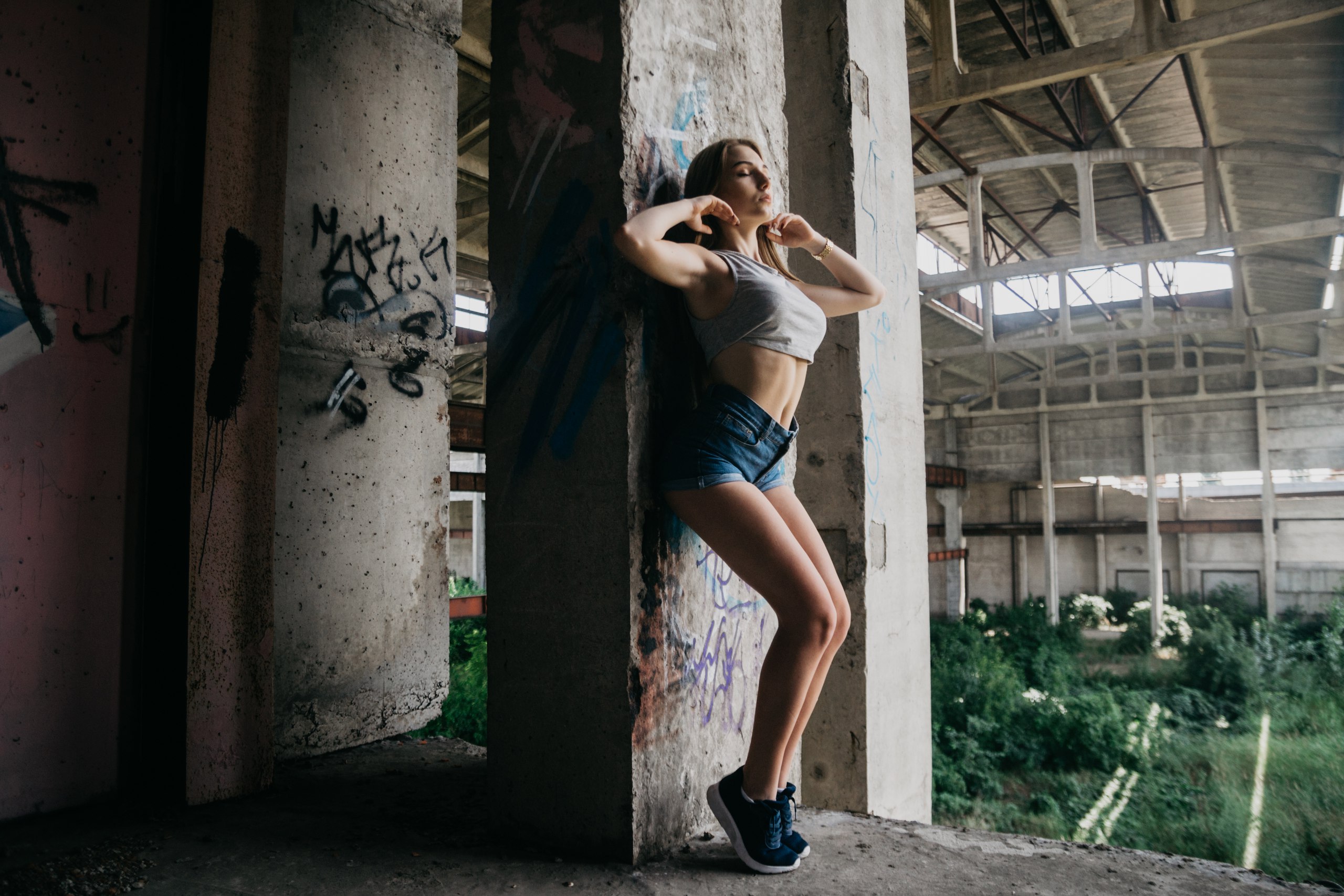 Women Armpits Sneakers Closed Eyes Abandoned Tank Top Brunette Blonde Urban Decay 2560x1707