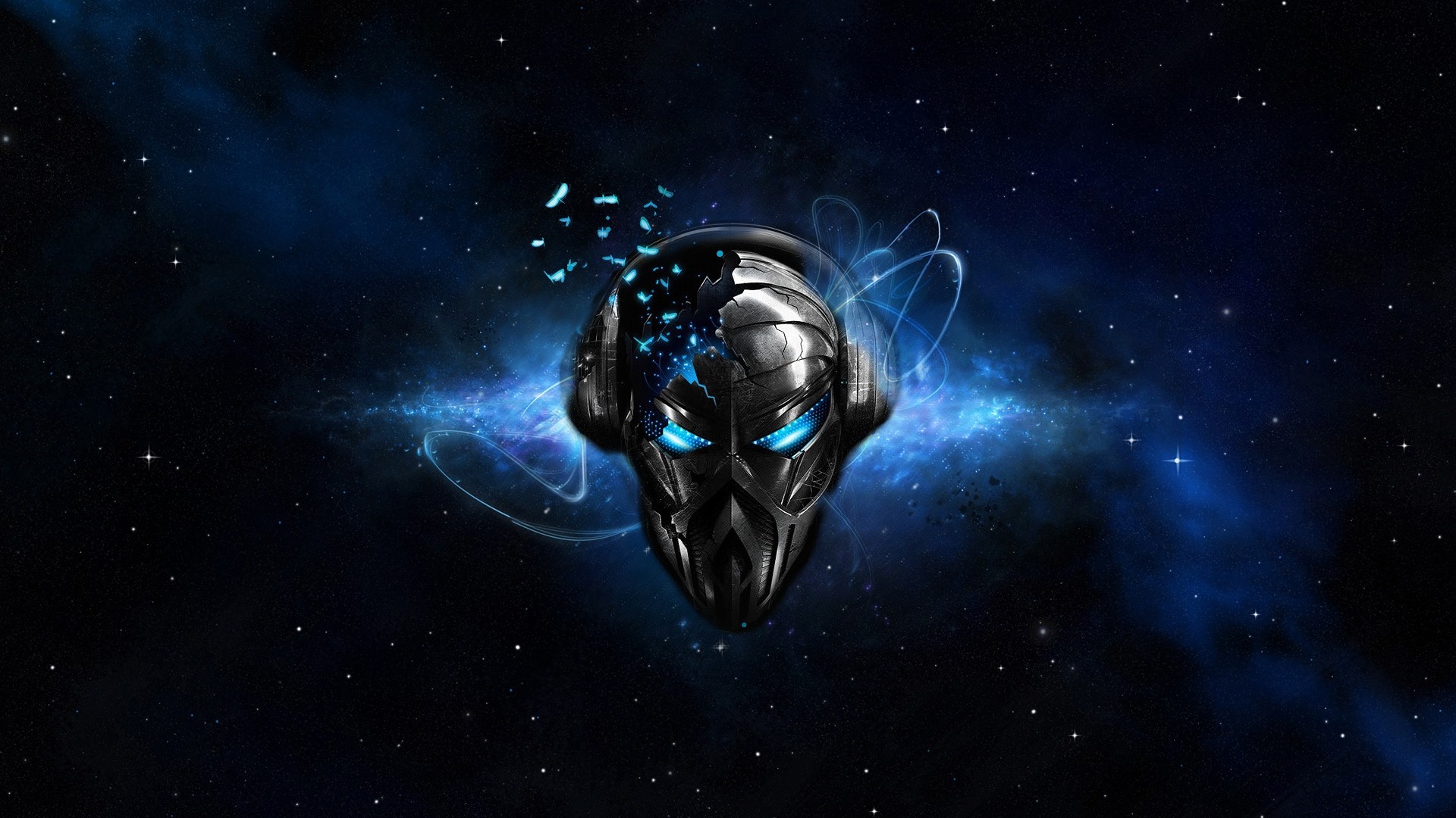 Skull Headphones Music Space Mask Shattered Blue Eyes Stars Artwork Digital Art Blue 1920x1080