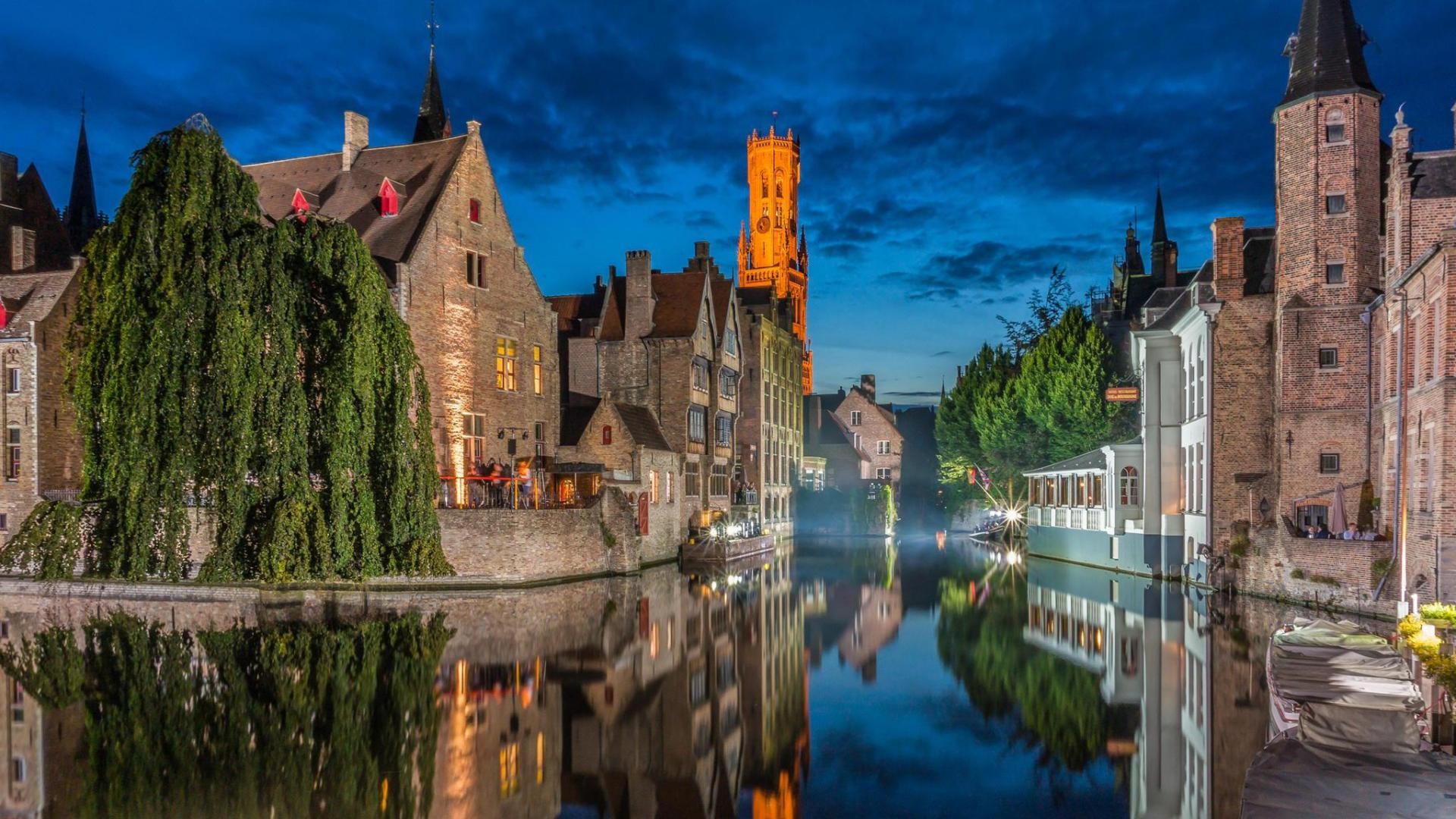 Architecture Building Bruges Belgium Town Old Building House Tower Ancient Water Trees Night Reflect 1920x1080