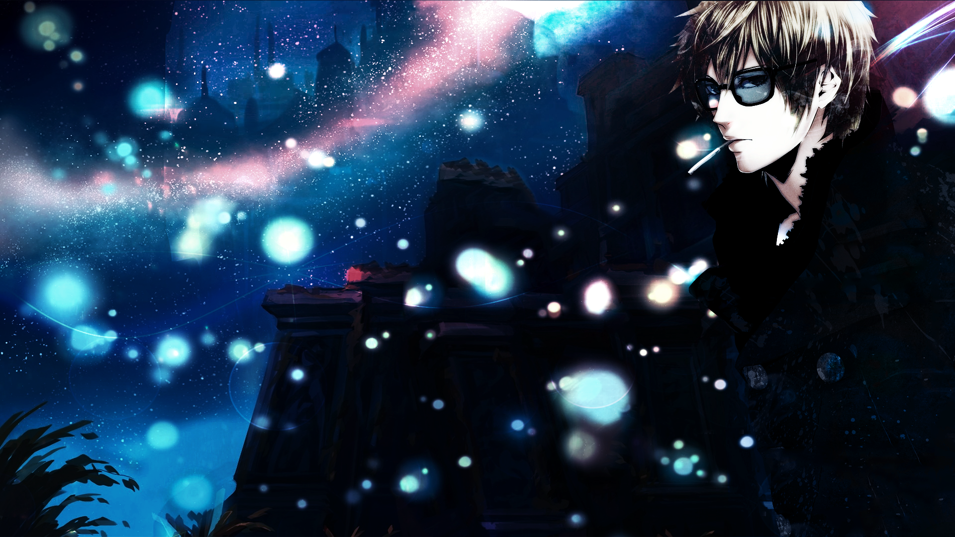 Durarara Heiwajima Shizuo Temple Fireflies Stars Rainbows Glasses Cigarettes Blonde Anime Boys Anime 1920x1080