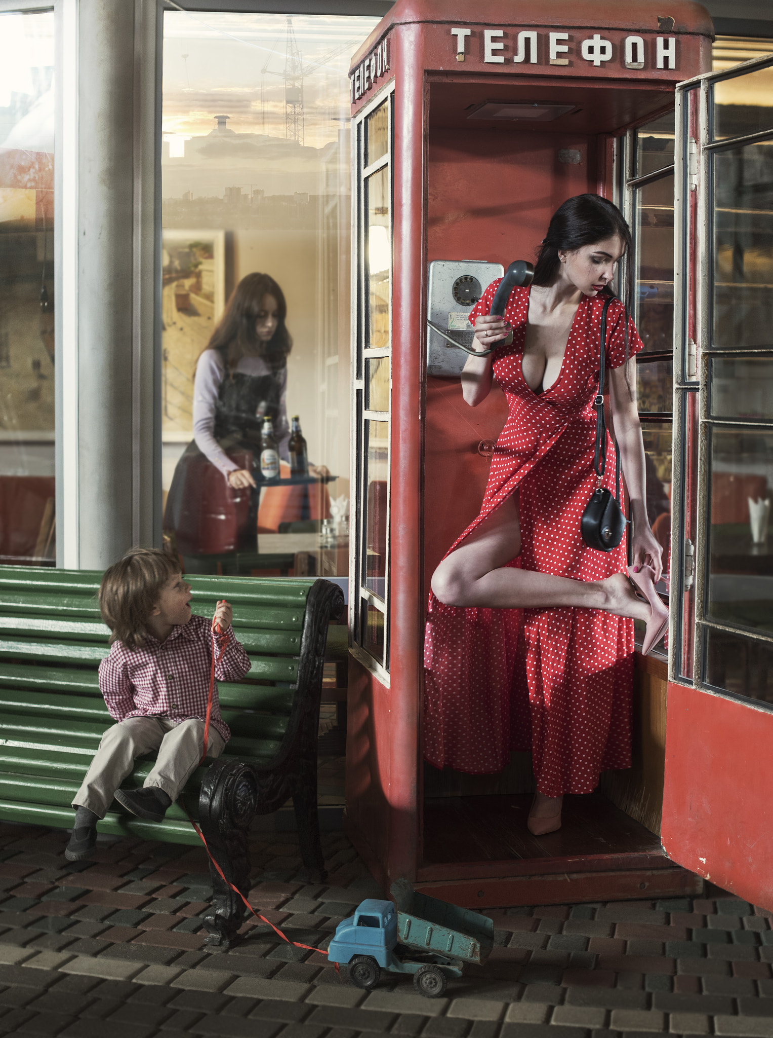 Women Model Telephone Legs Brunette Red Dress Polka Dots High Heels Phone Box 1527x2048