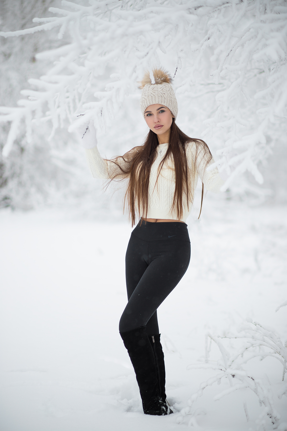 Portrait Display White Brunette Women Outdoors Snow Winter Pants Looking At Viewer Long Hair White S 1200x1800