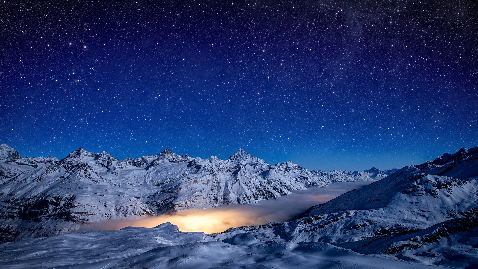 Night Winter Mountain Fog Light Starry Sky Sky Start Landscape Snow 1920x1080