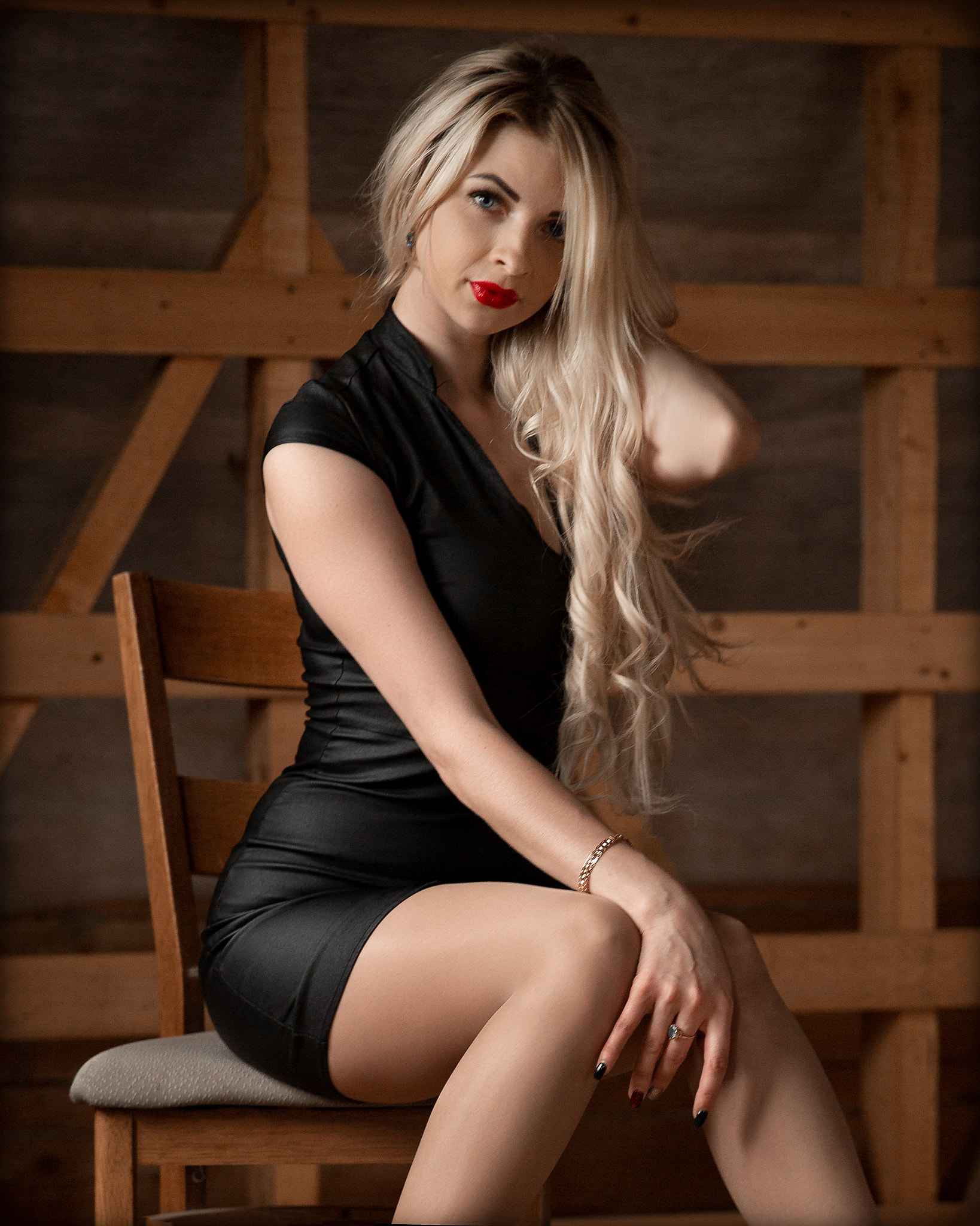 Marco De Santis 500px Women Model Blonde Black Dress Long Hair Red Lipstick 1638x2048