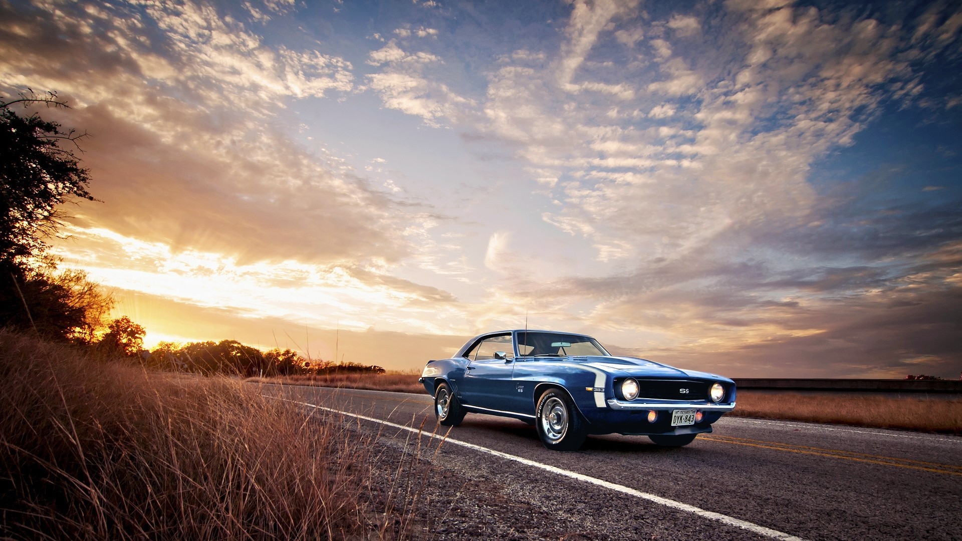 Sports Car Car Chevrolet Camaro SS Muscle Cars Blue Cars Dusk Sunlight Road Vehicle Numbers 1920x1080