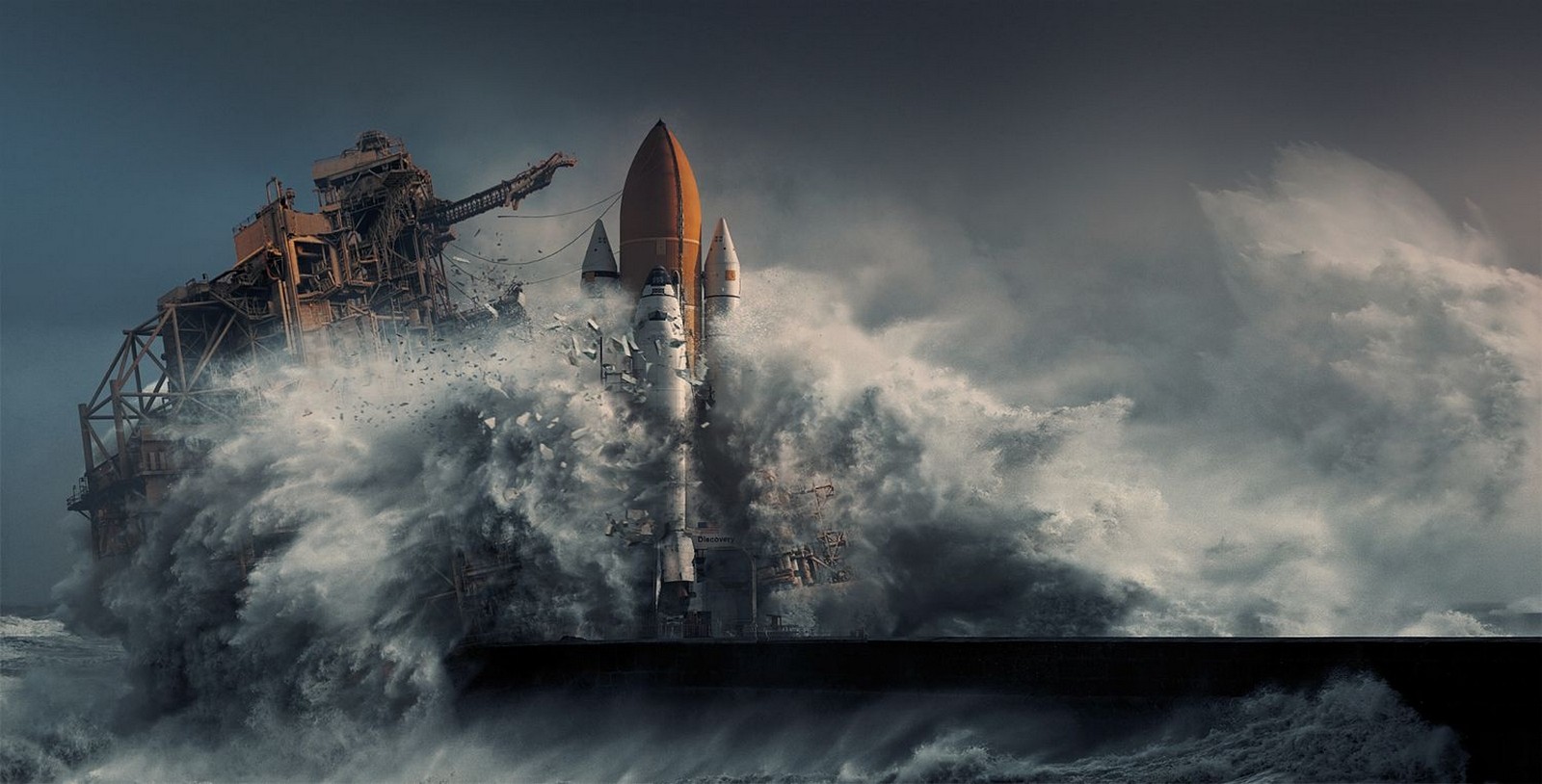 Nature Photography Landscape Apocalyptic Digital Art Sea Storm Cape Canaveral Space Shuttle Discover 1600x814