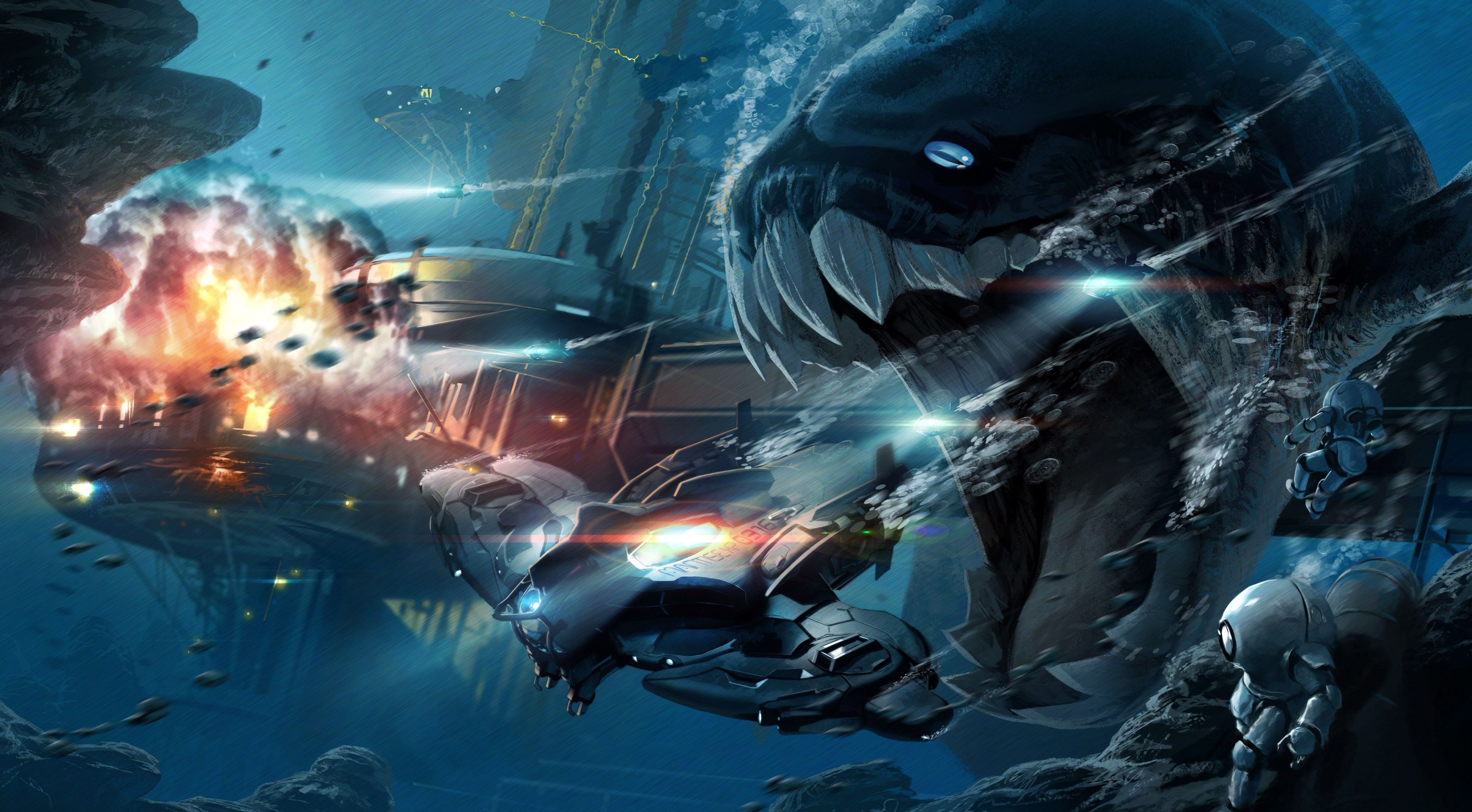 Digital Digital Art Artwork Fantasy Art Water Sea Underwater Deep Sea Sea Monsters Explosion Surreal 4800x2650