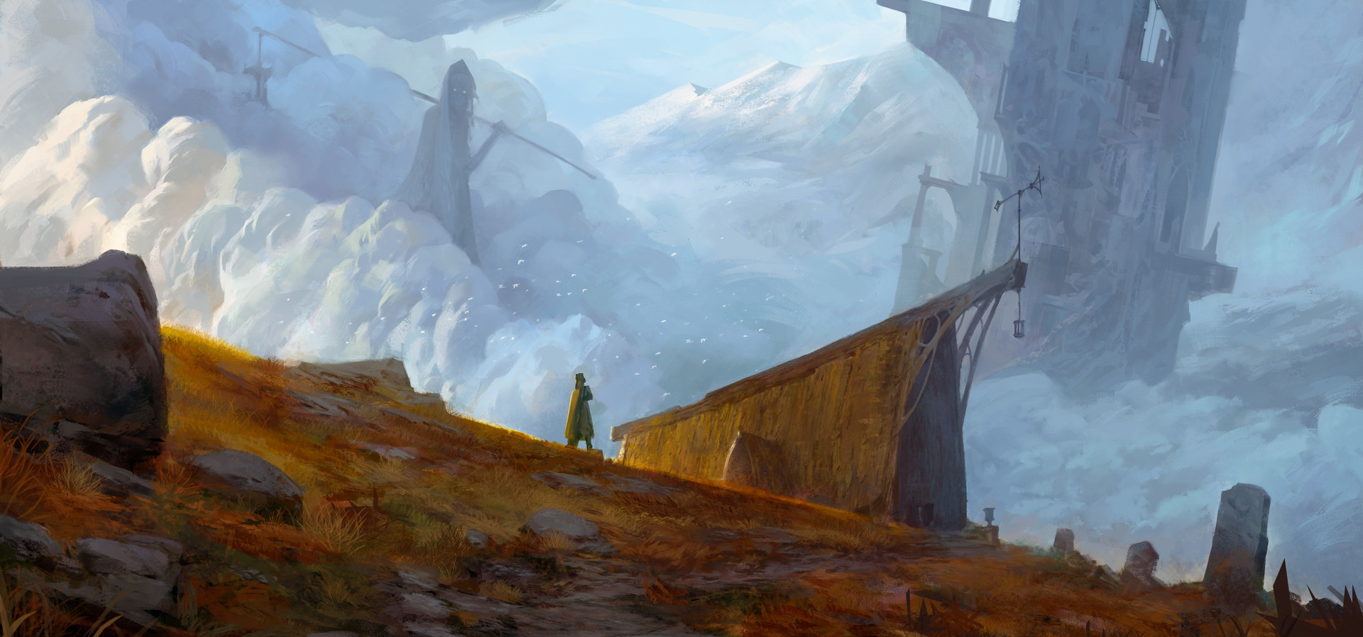 Environment Giant Fantasy Art Mountains Ruins Clouds Tombstones 1920x898