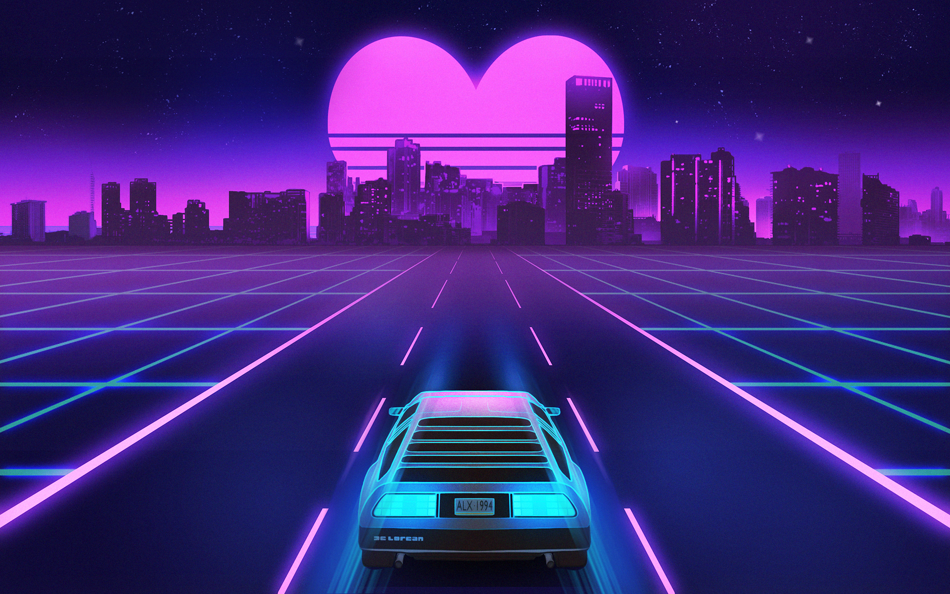 Retro Wave Car Neon Heart Town DeLorean Chillwave Vaporwave Outrun 1920x1200