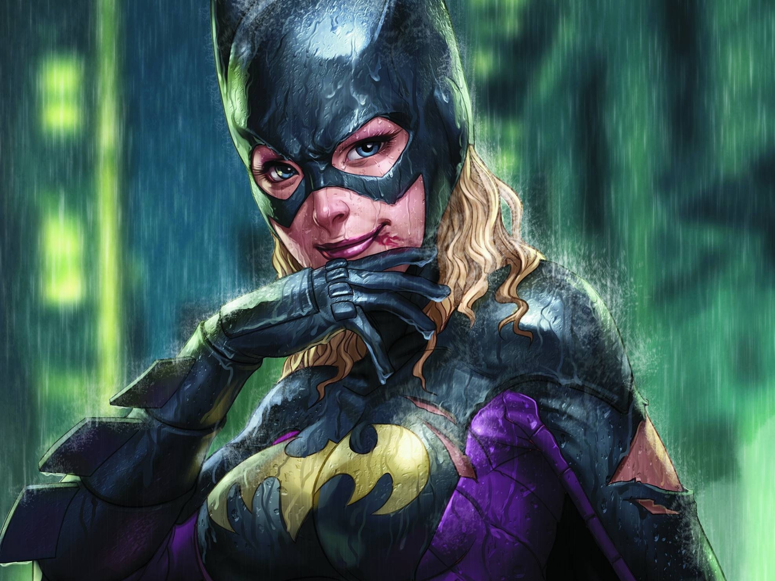 Batgirl Stephanie Brown DC Comics Blonde Girl Mask Bodysuit Rain Blue Eyes Smile 2560x1920