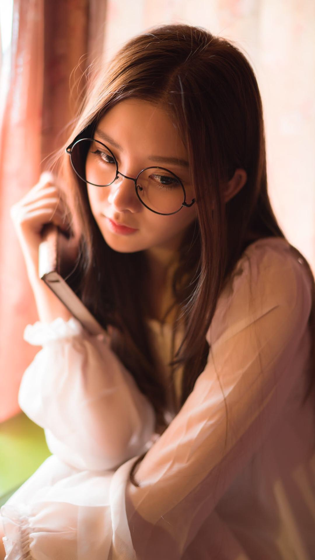 Asian Women Glasses Women With Glasses Brunette Diffused White Shirt Looking Away Long Hair Portrait 1080x1920