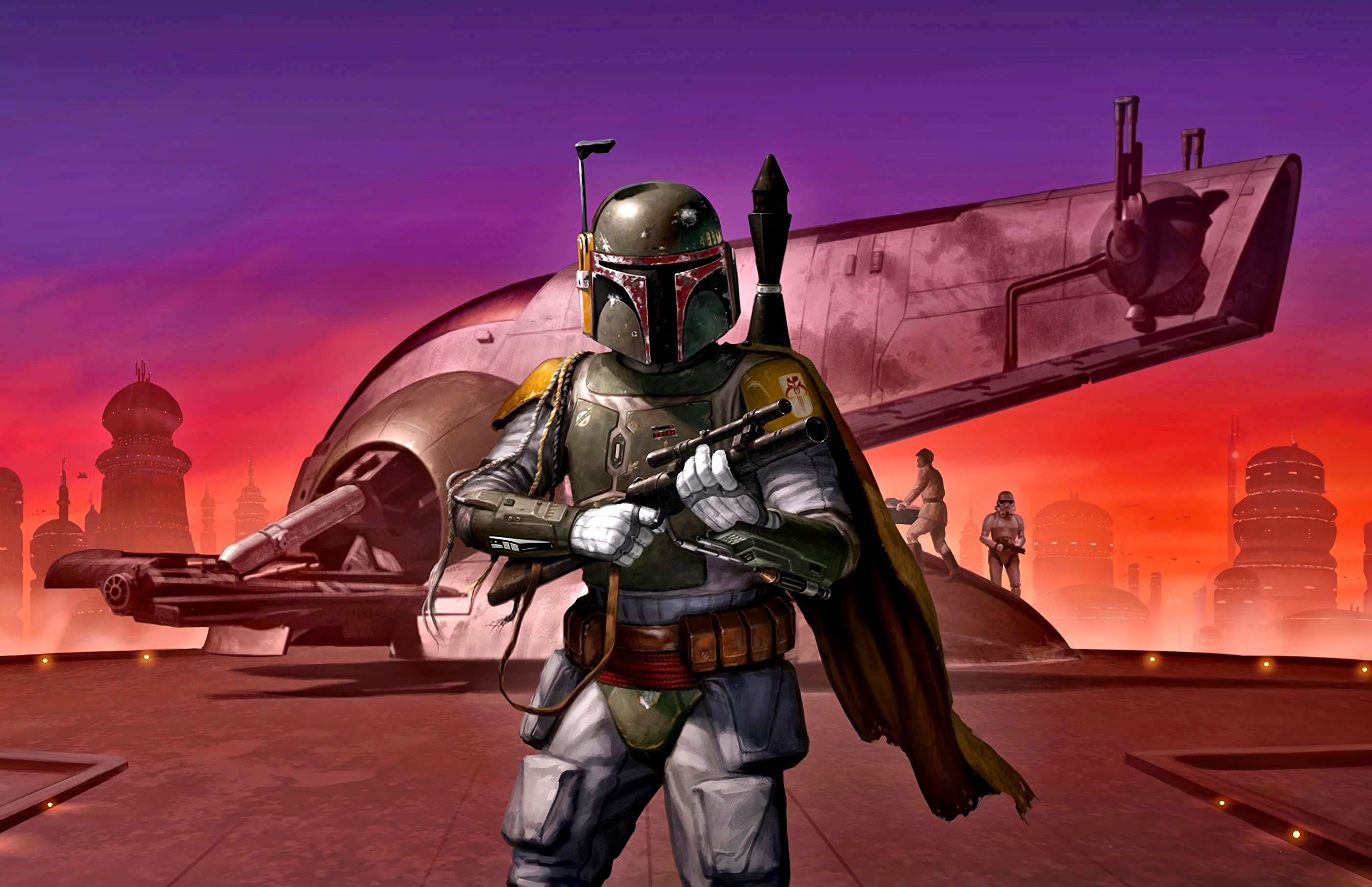 Star Wars Boba Fett Bespin Spaceship Helmet Weapon Science Fiction Artwork Digital Art Slave 1 Star  2800x1812