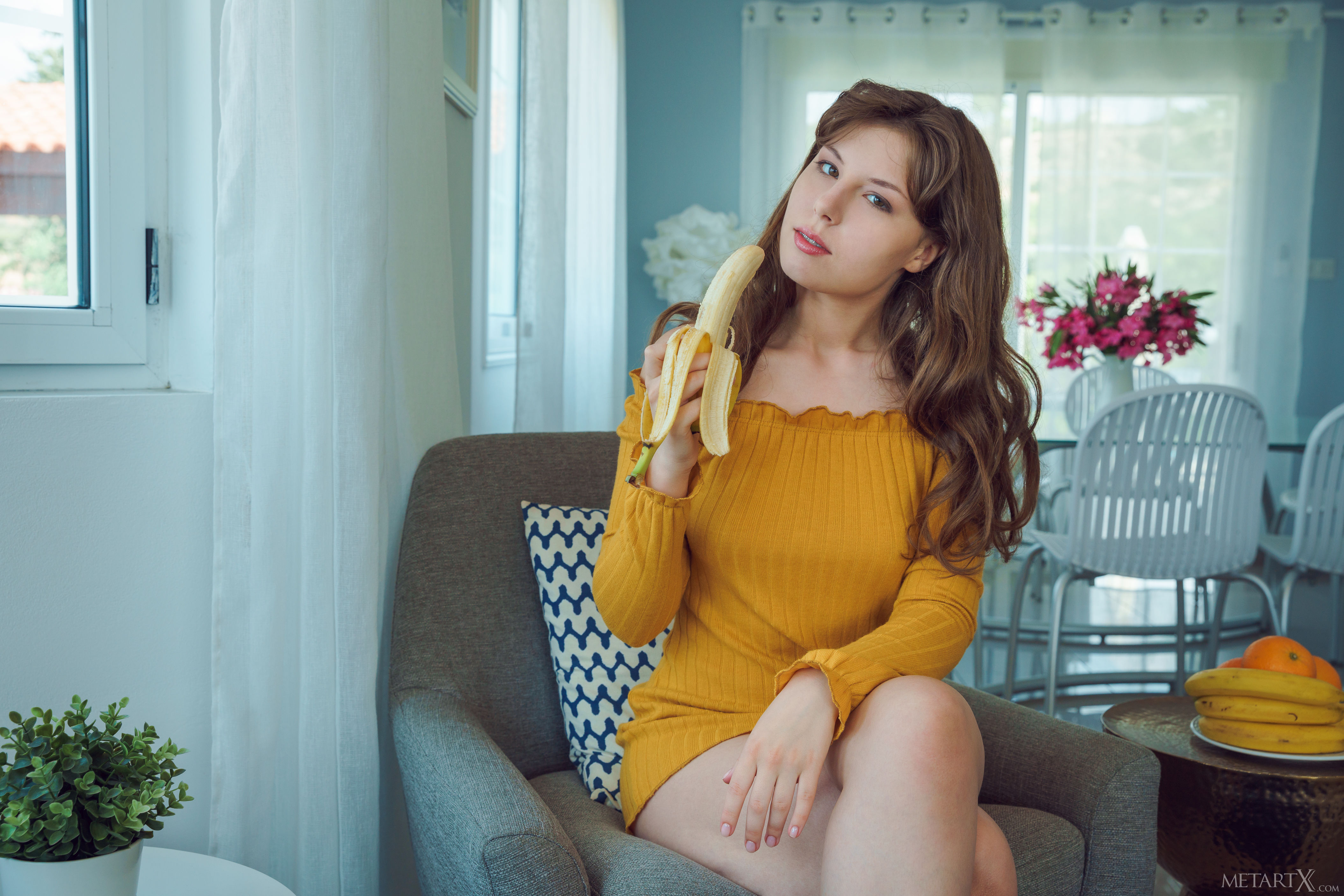 Women Brunette Long Hair Living Rooms Armchairs Curtains Chair Bananas Blouse Sweater Brown Eyes Eat 4220x2815